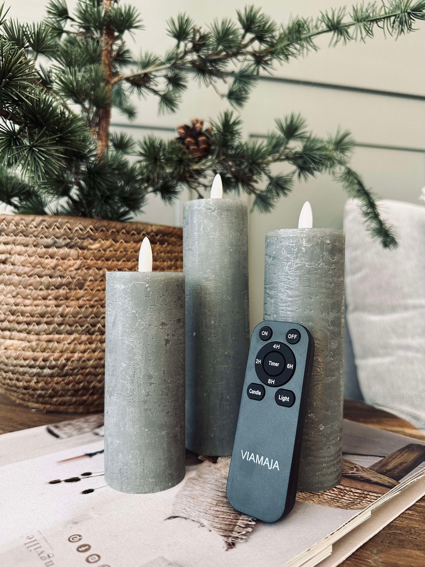 LED Blockljus / Grön – 3 st Rustik dia 5 cm