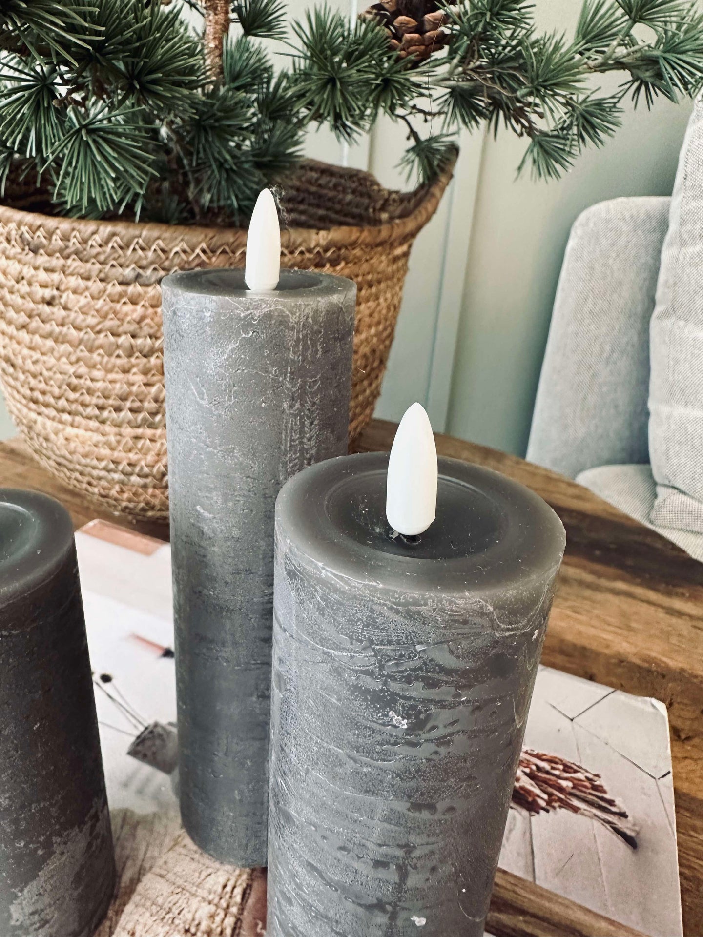 LED Blockljus / Grå – 3 st Rustik dia 5 cm