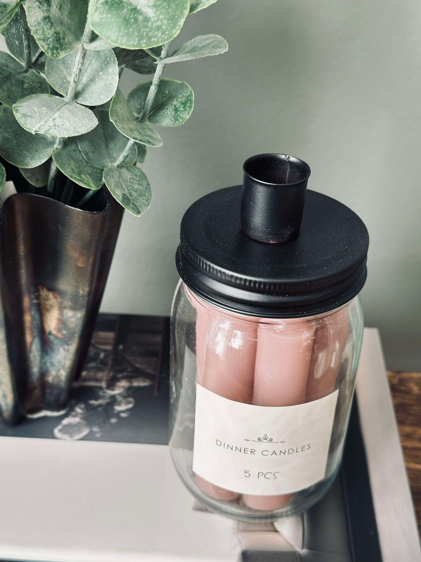 Stearinljus med ljusstake - Rosa