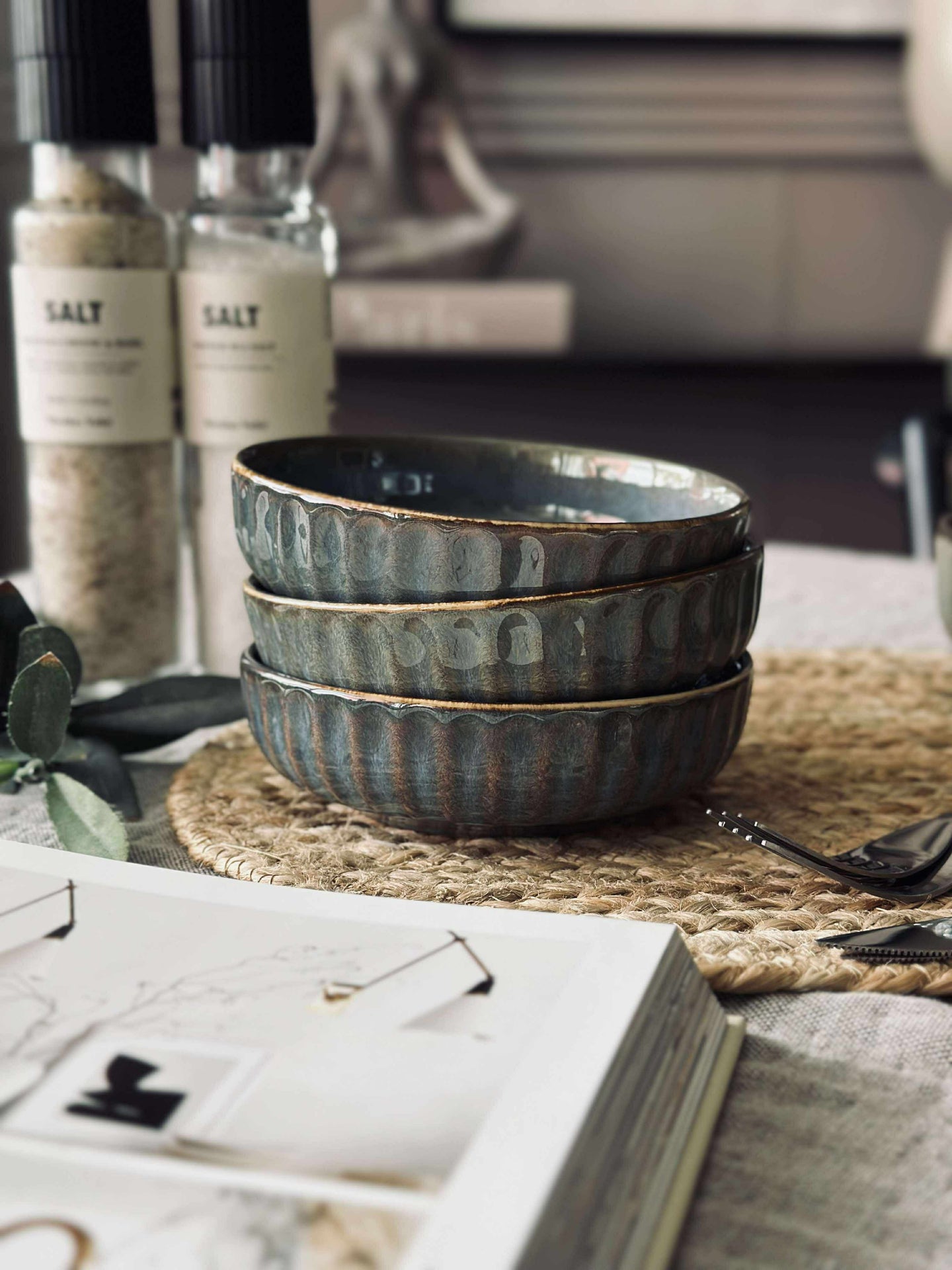 Skål VIGA randig stengods - Grå / brun 12cm