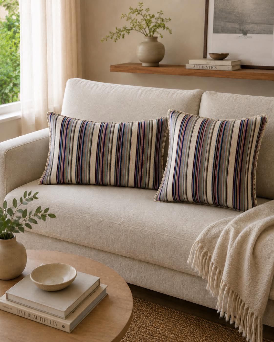 Kudde med stoppning - Multi-randig pastell 45x45