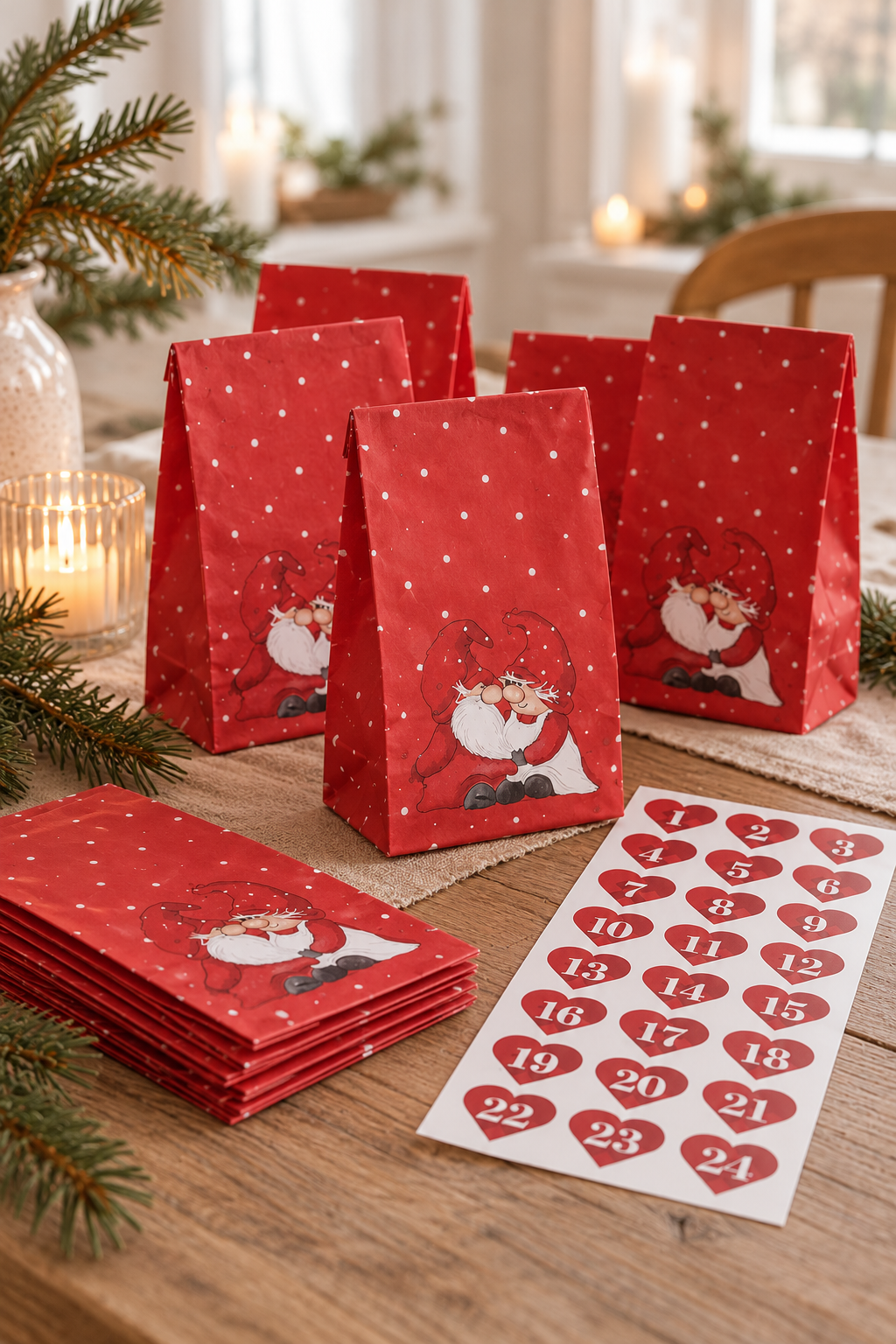 Kalenderpåsar – röda med stickers