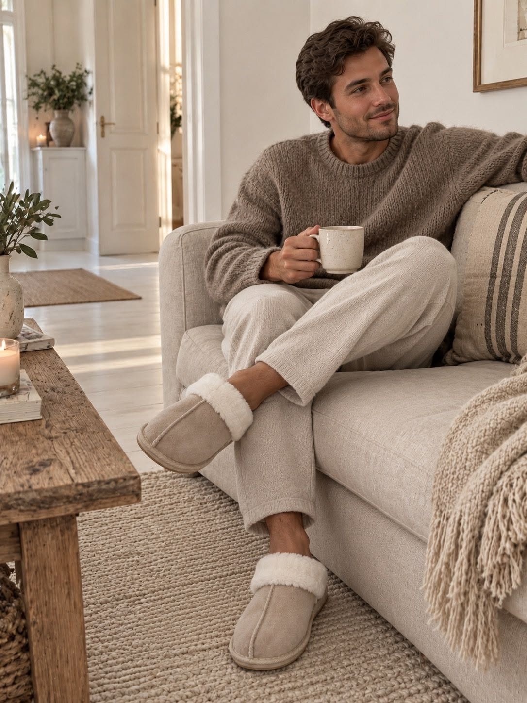 Hemmatofflor beige/vita med mjukt lammskinn och slip-on-design