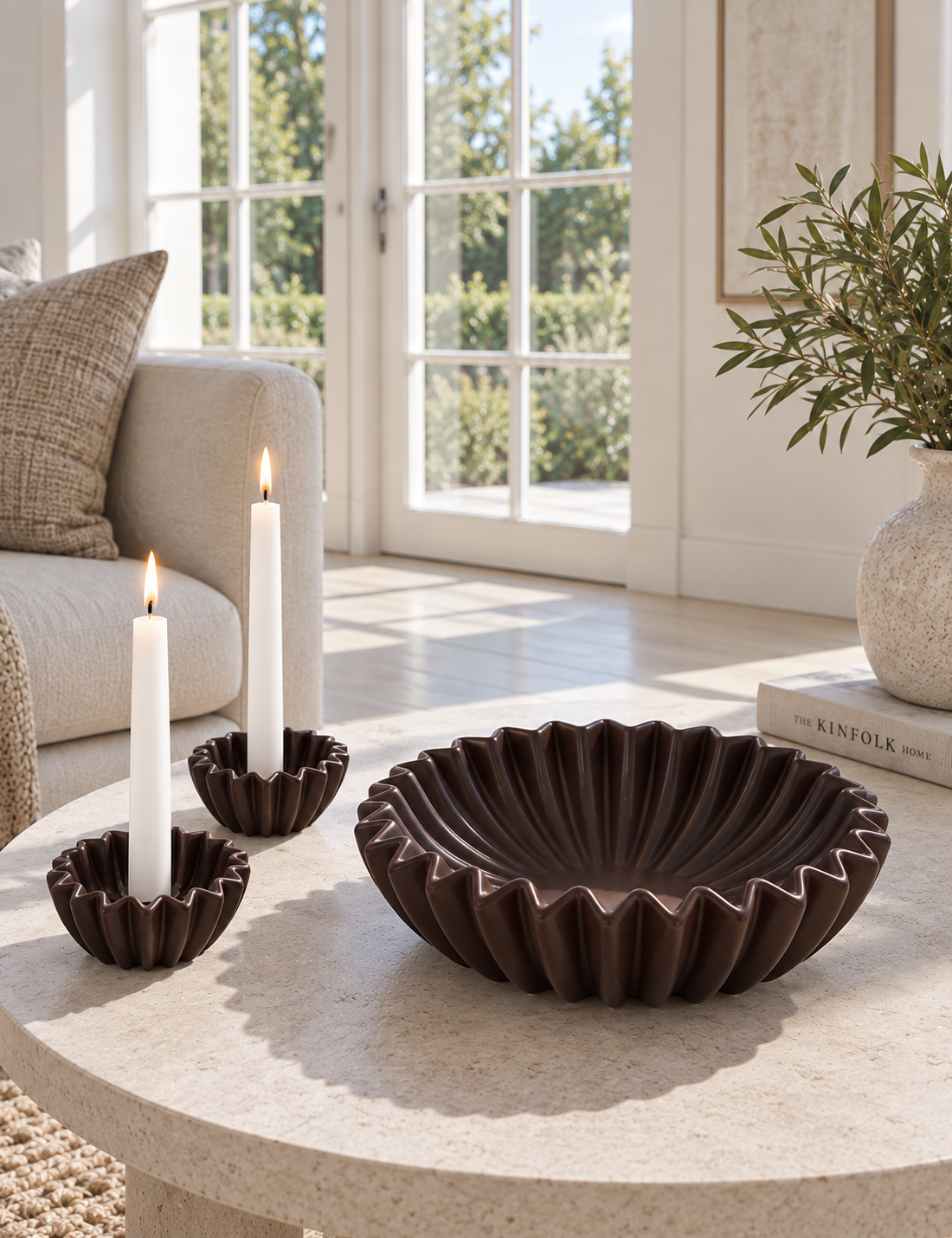 WAVE Fad og lysestage sæt - Brown