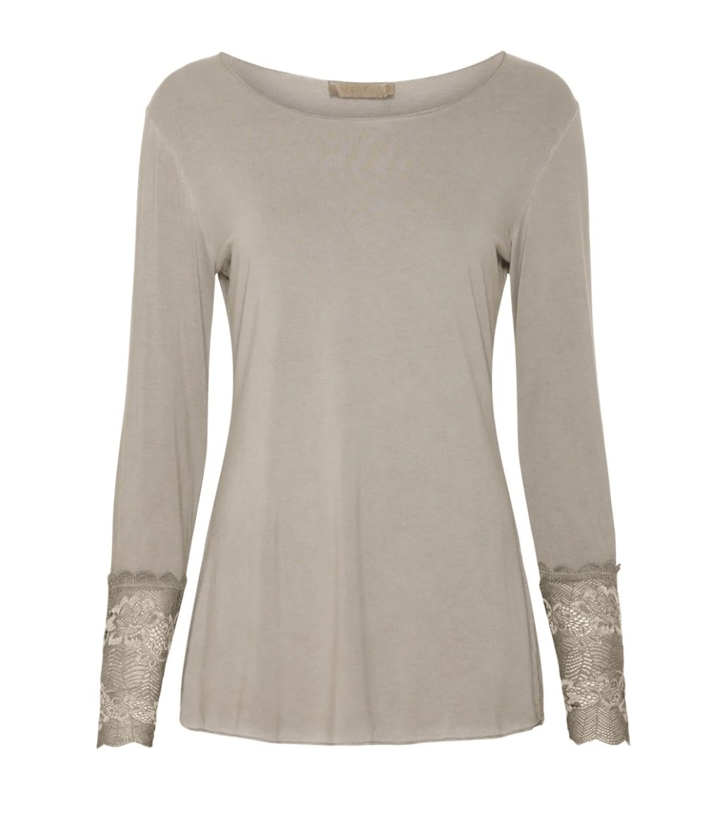 Bluse BASIS med blondedetaljer – Fango beige - VIAMAJA.DK