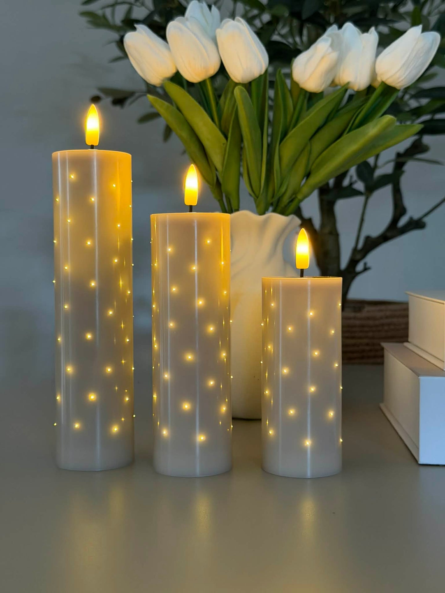 LED-blockljus TWINKLE beige - Set om 3 ljus.