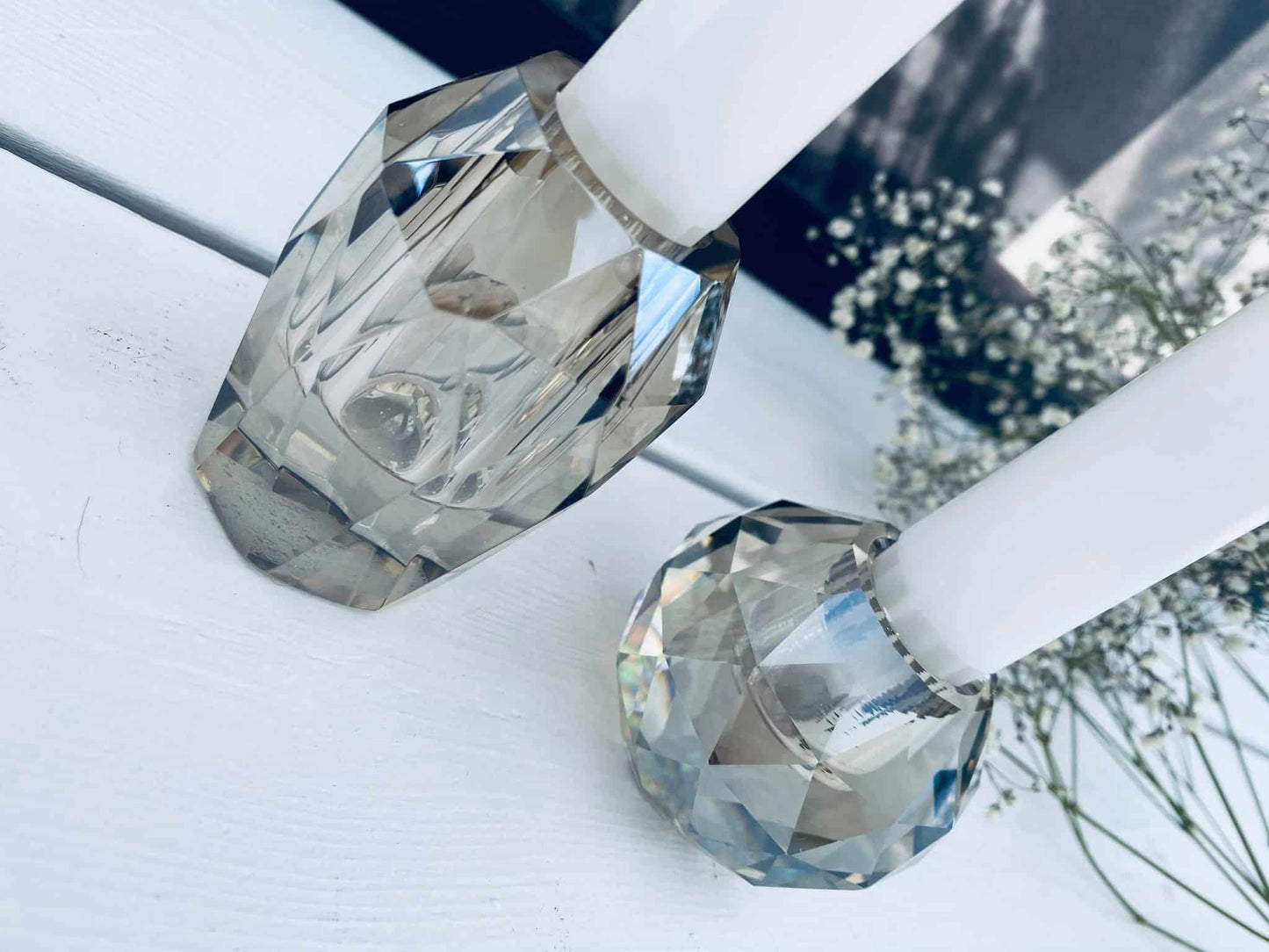 Høj Diamant Lysestage i champagnefarvet glas - VIAMAJA.DK