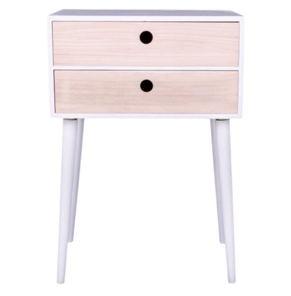 Sengebord / kommode i hvid med 2 skuffer i naturtræ. - VIAMAJA.DK