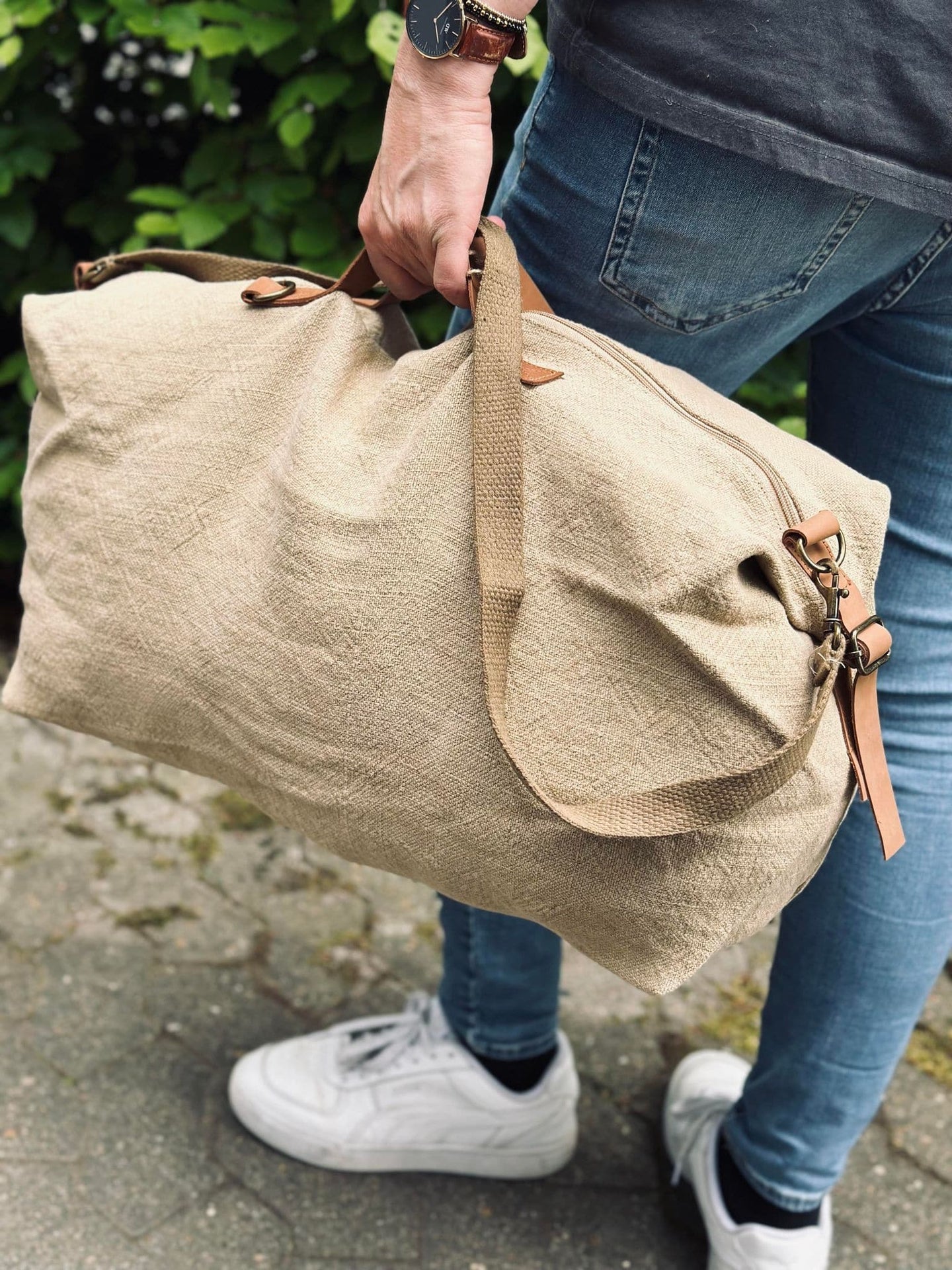 Weekendtaske - WASHED JUTE BEIGE - VIAMAJA.DK