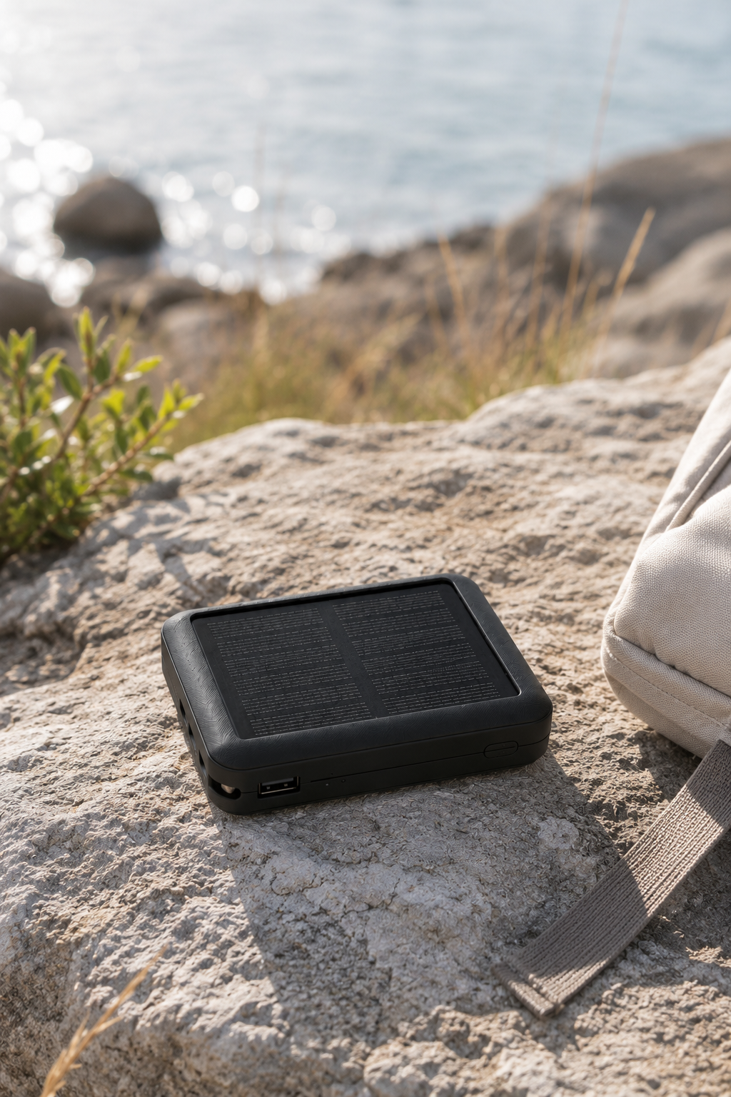 Mini solar powerbank med kablar, 10.000 mAh