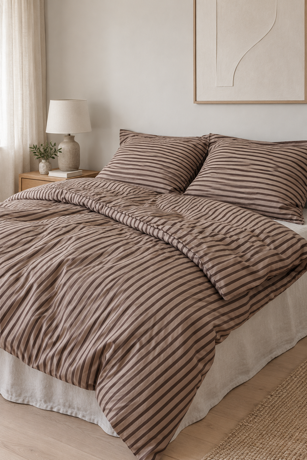 Randigt bäddset beige rand 140x200