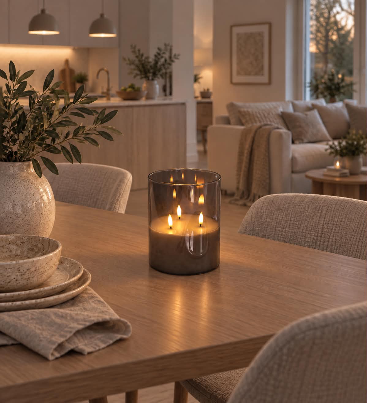 Stort LED-blockljus i glas med 3 vekar