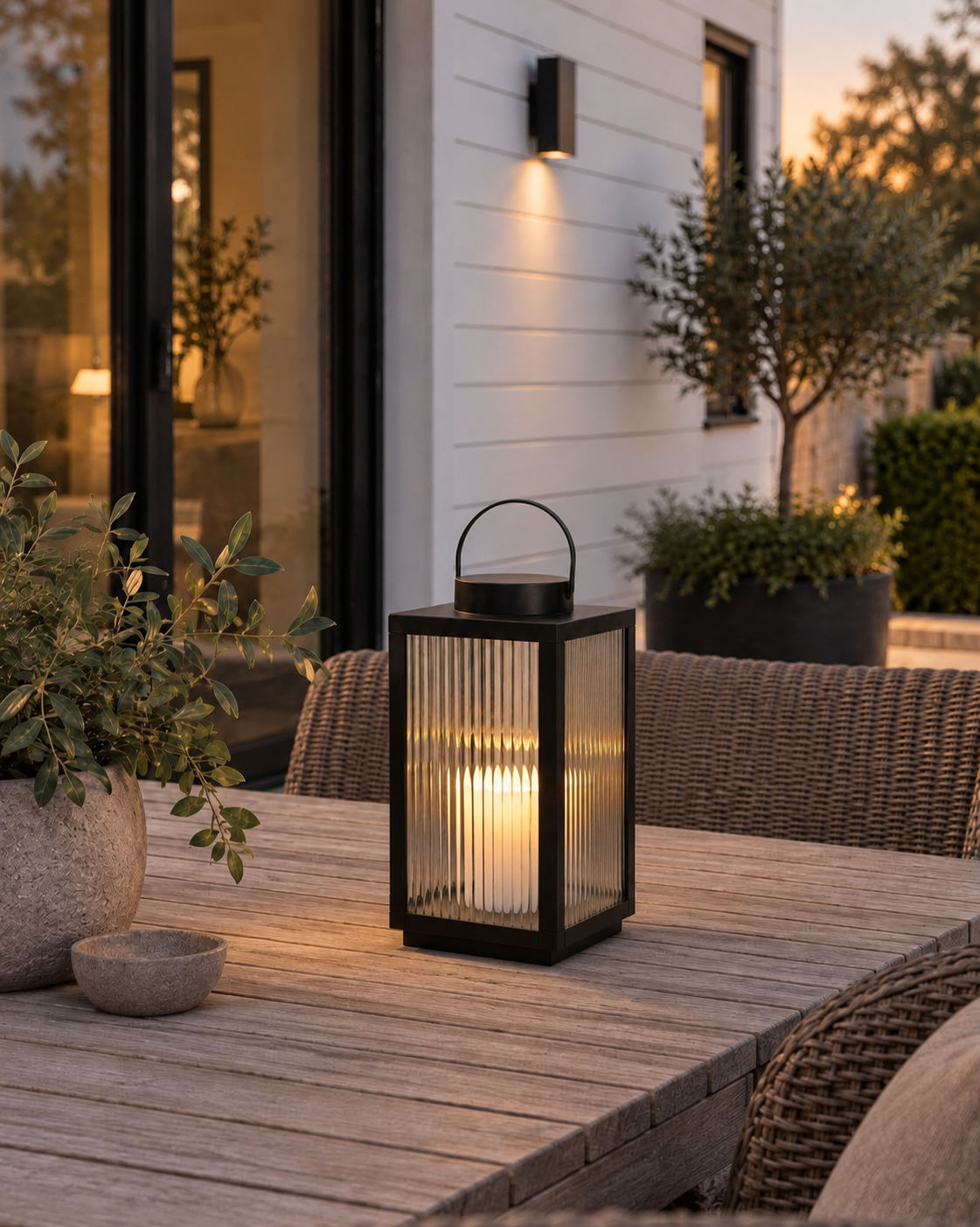 Lykta Nordic med blockljus och timer