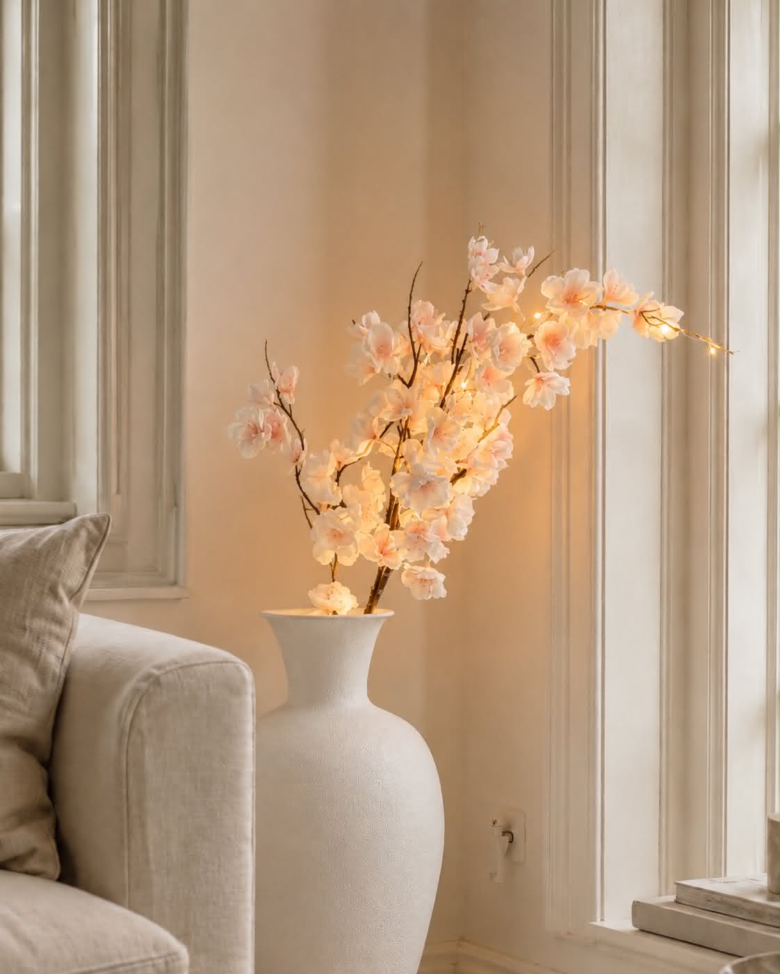 Körsbärsgren med ljus - Rosa / vit