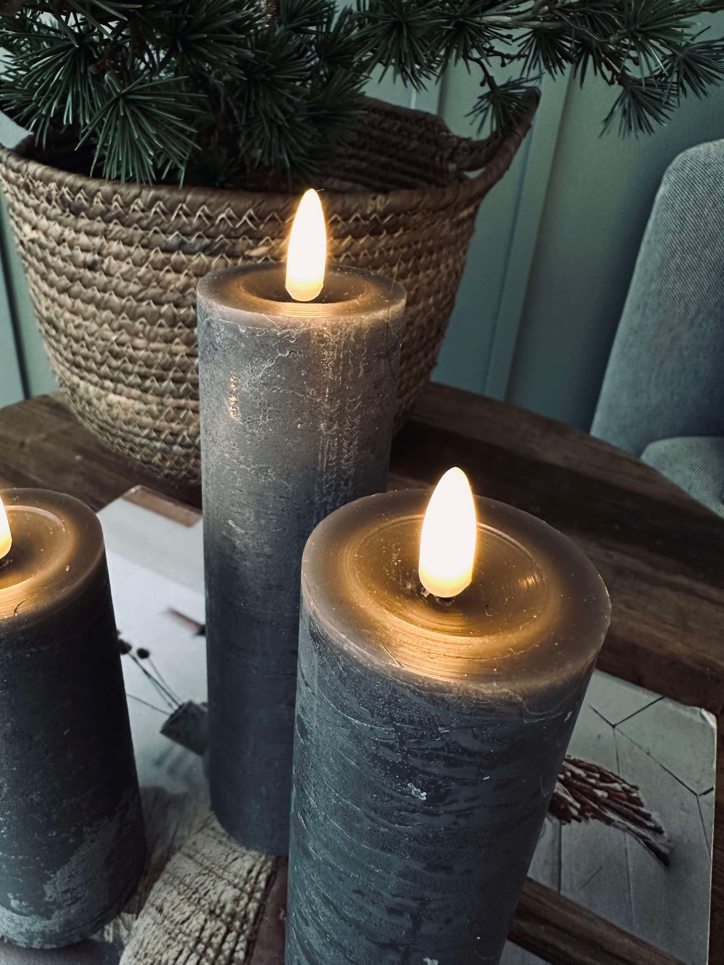 LED Blockljus / Grå – 3 st Rustik dia 5 cm