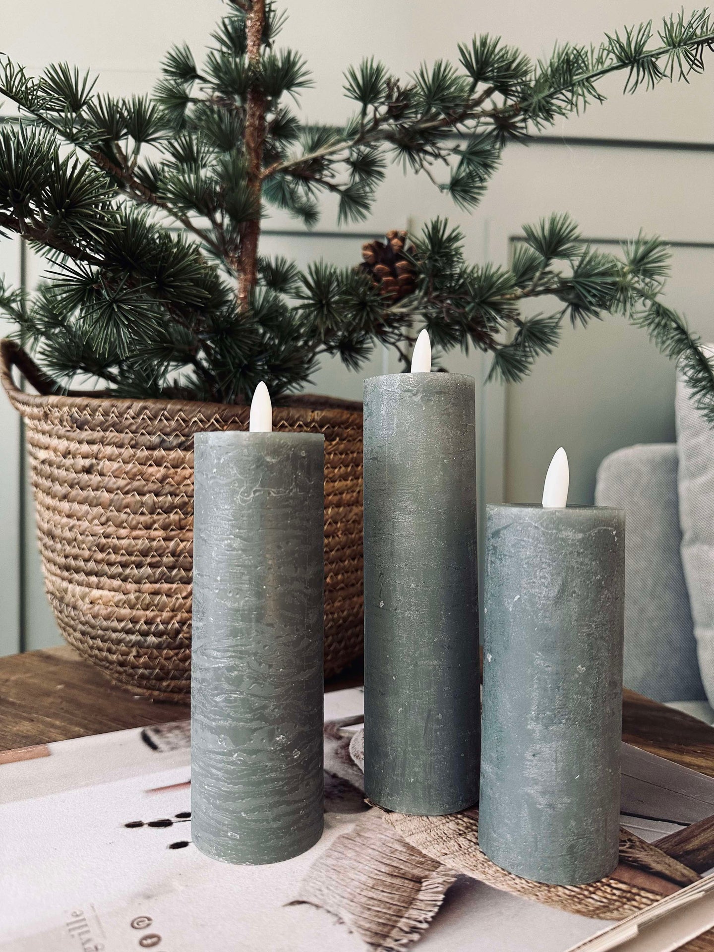 LED Blockljus / Grön – 3 st Rustik dia 5 cm