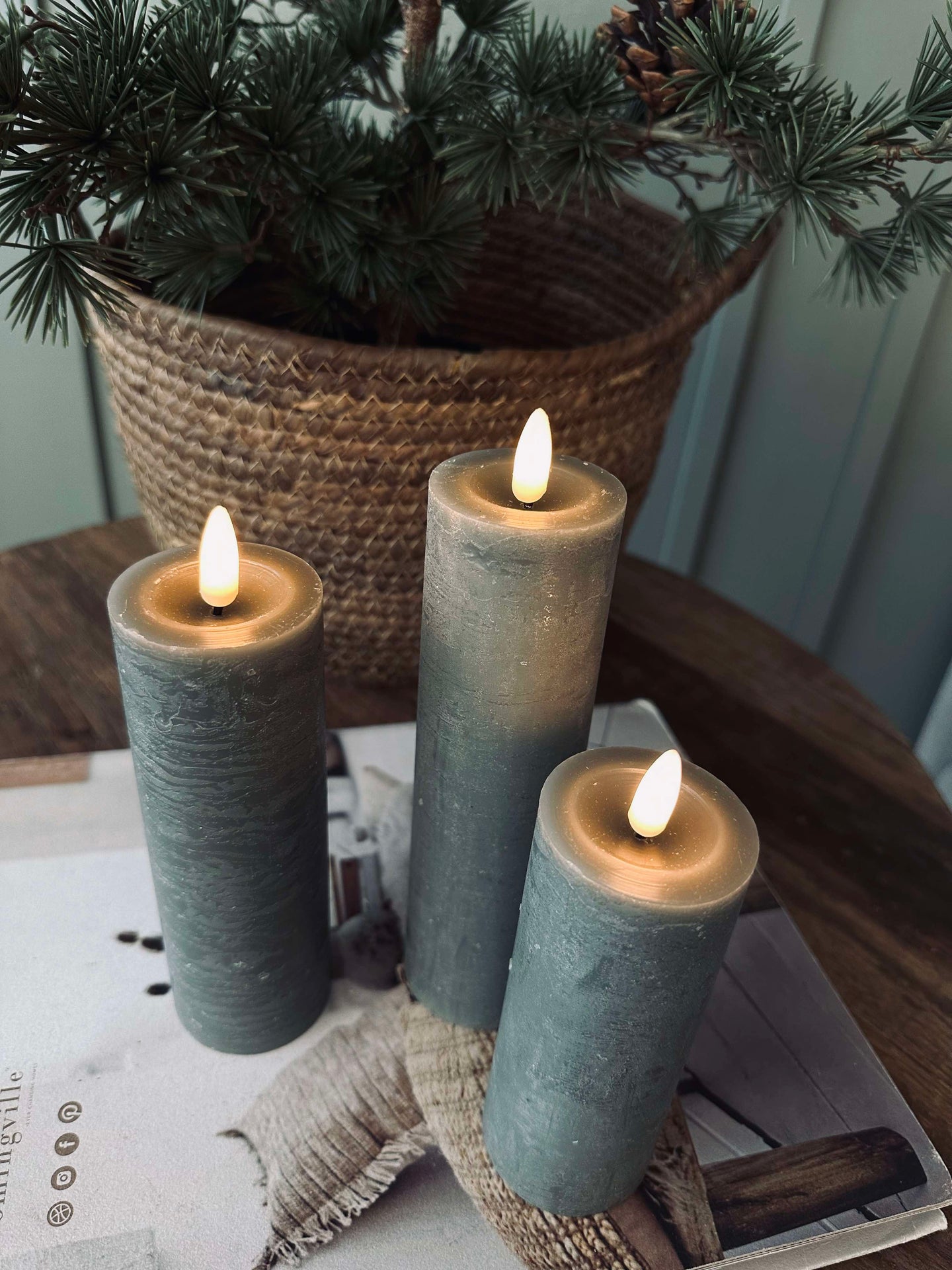 LED Blockljus / Grön – 3 st Rustik dia 5 cm