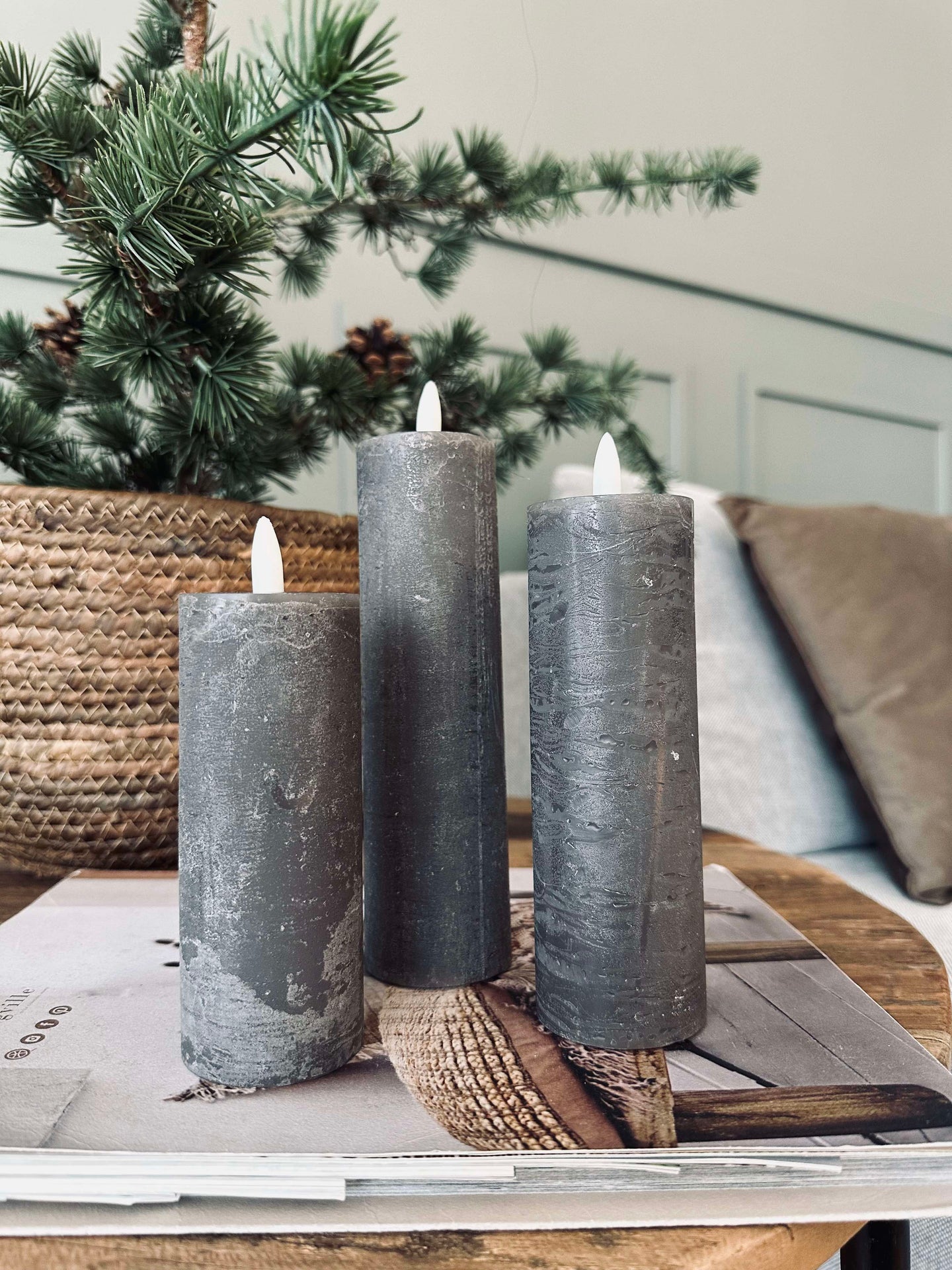 LED Blockljus / Grå – 3 st Rustik dia 5 cm