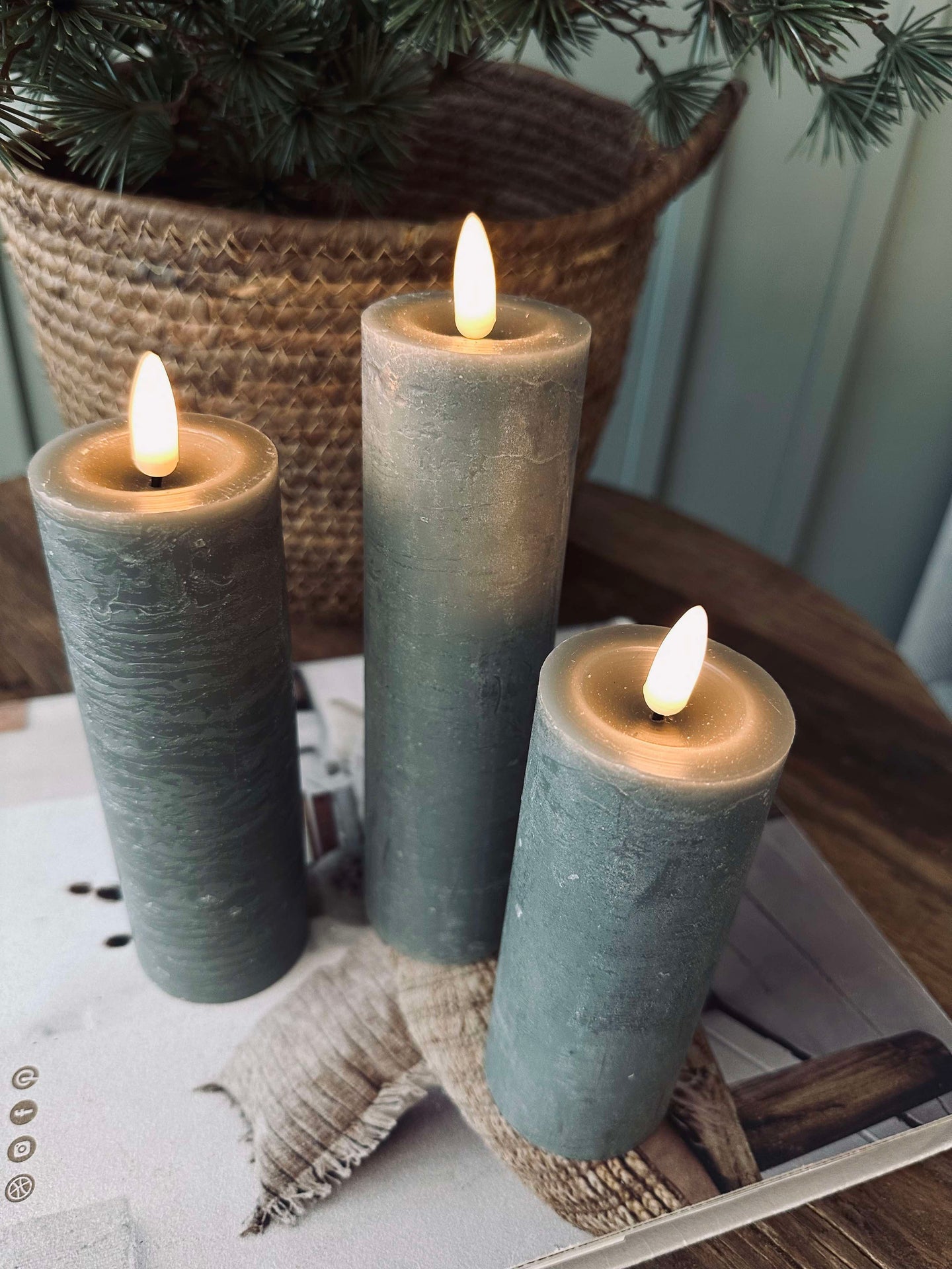 LED Blockljus / Grön – 3 st Rustik dia 5 cm