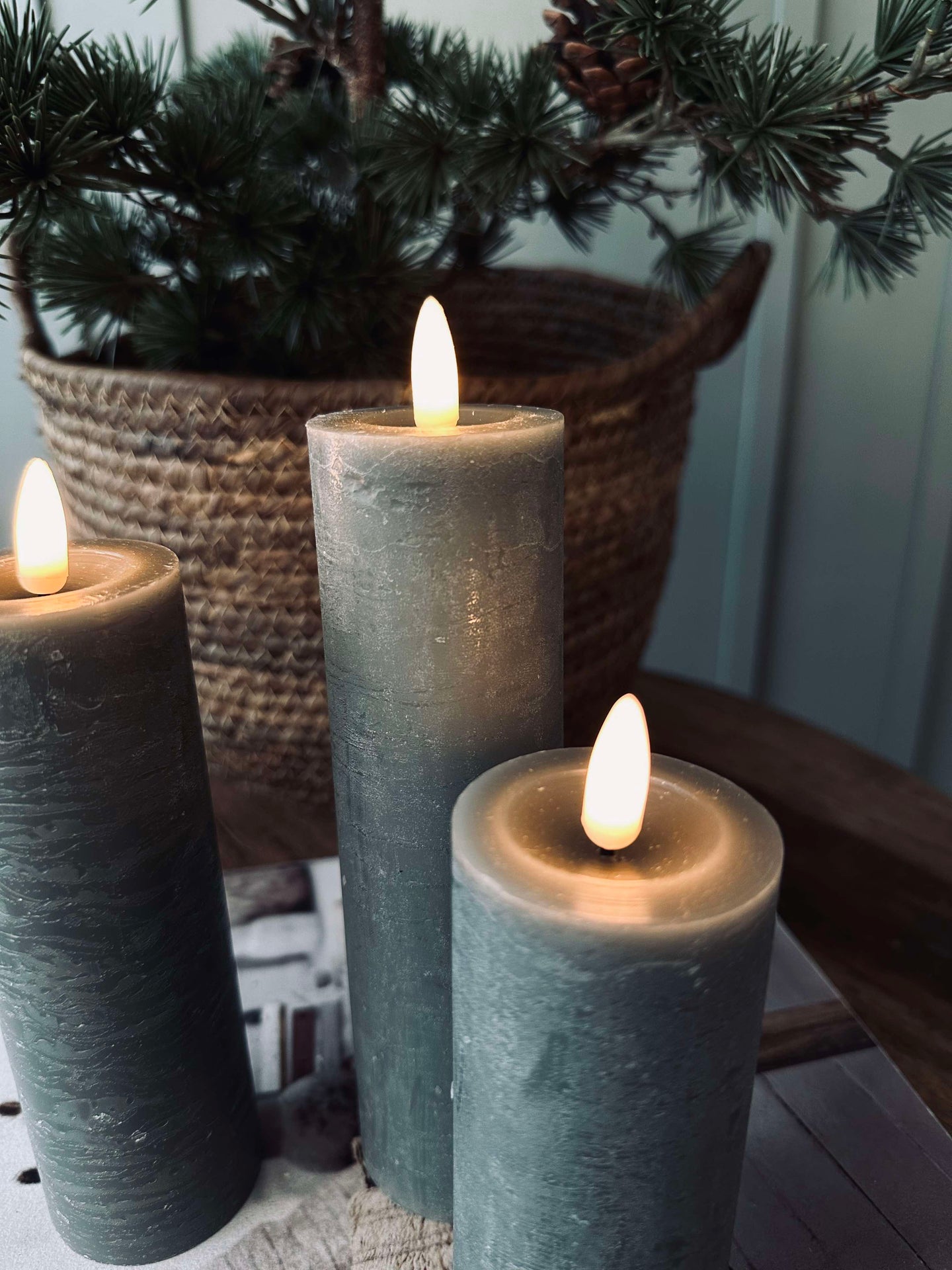 LED Blockljus / Grön – 3 st Rustik dia 5 cm