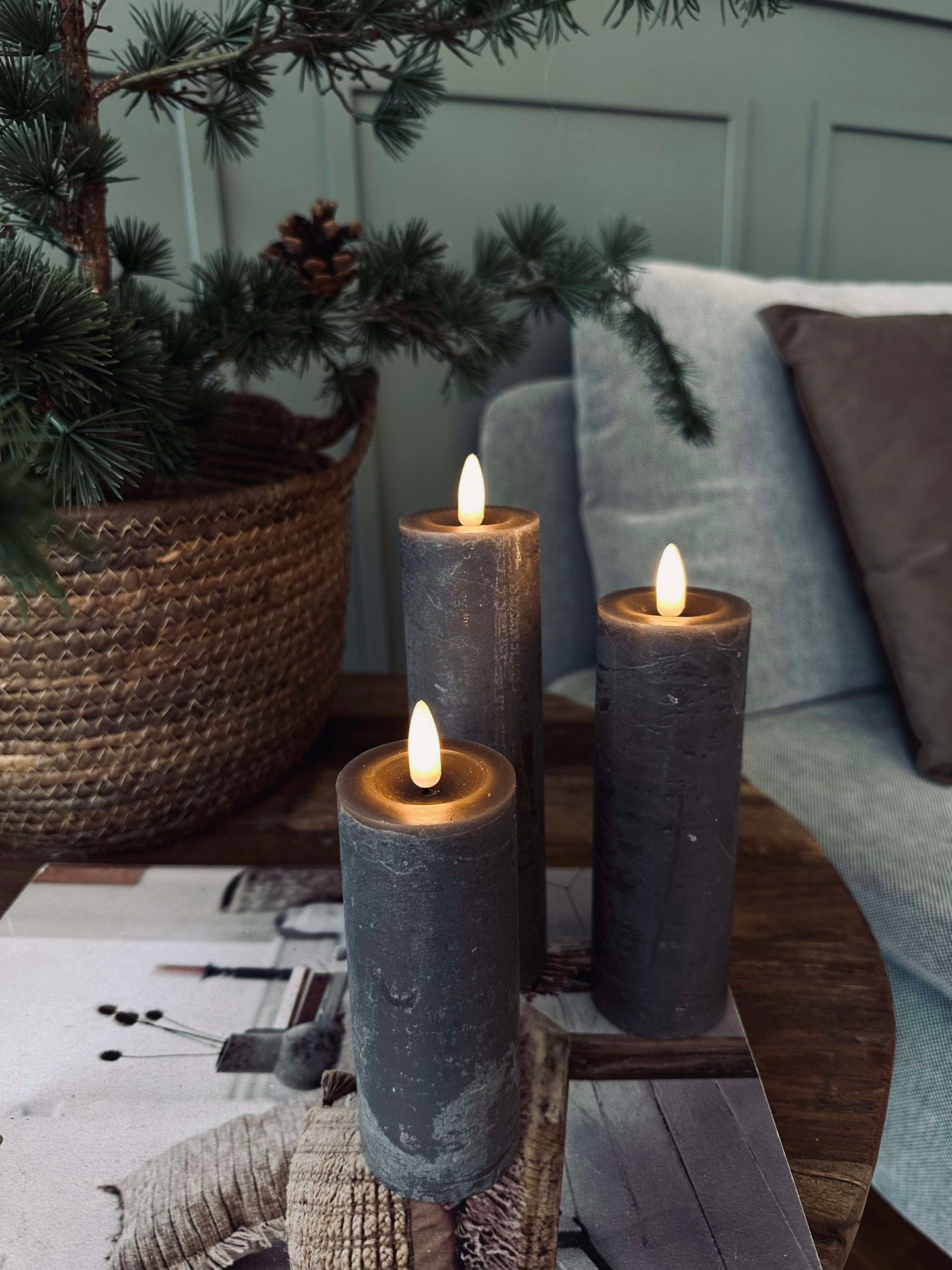 LED Blockljus / Grå – 3 st Rustik dia 5 cm