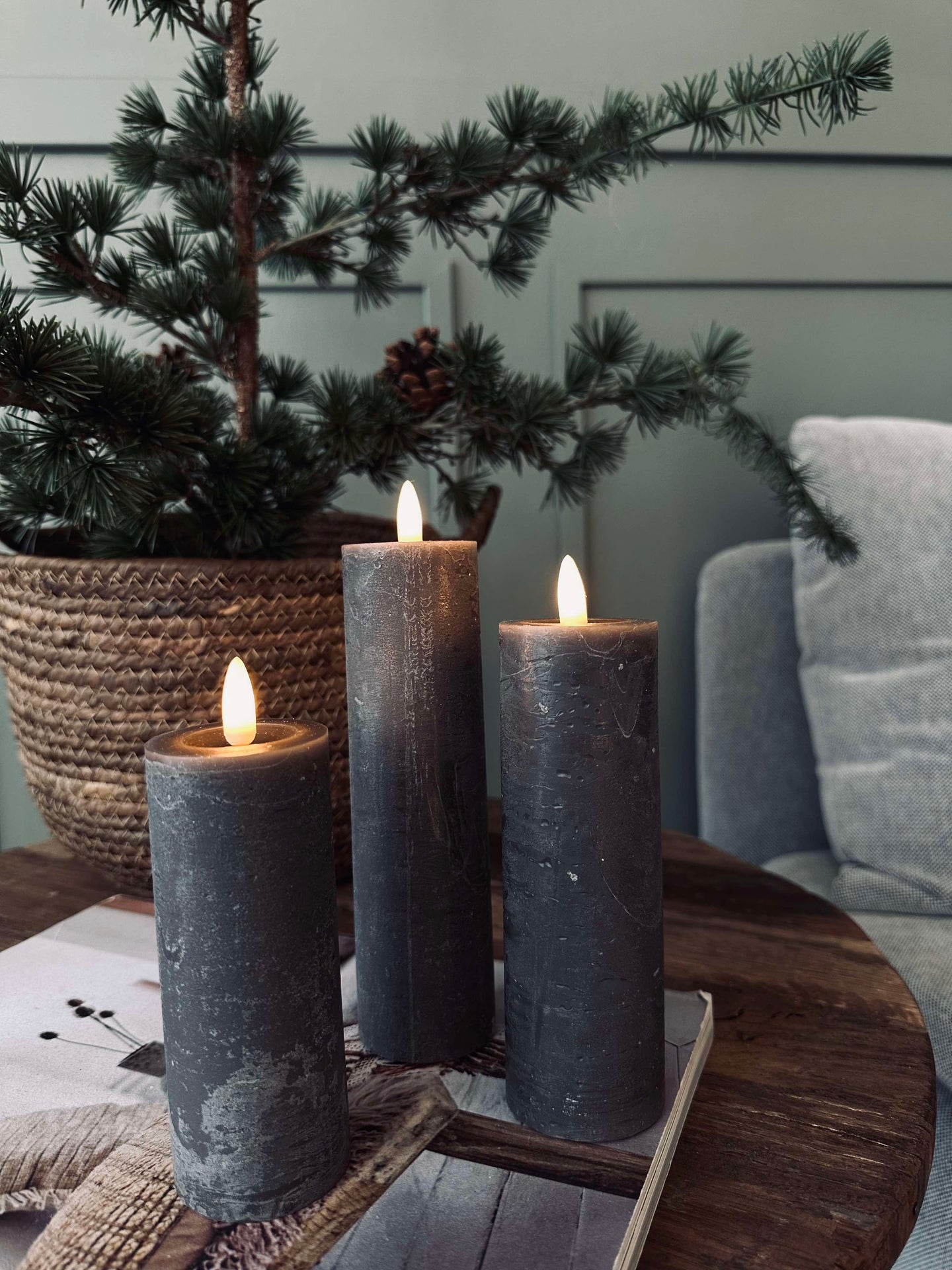 LED Blockljus / Grå – 3 st Rustik dia 5 cm