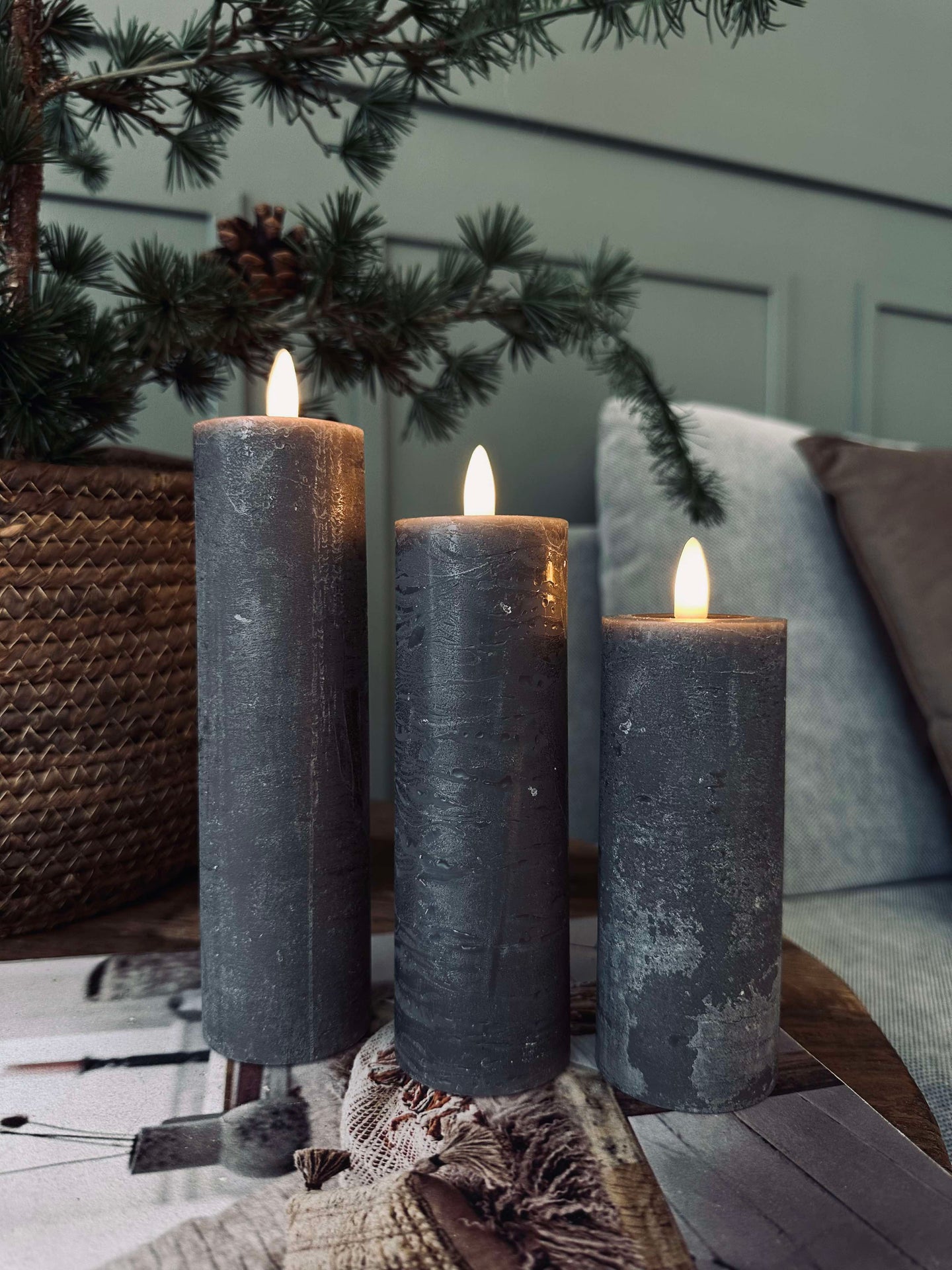 LED Blockljus / Grå – 3 st Rustik dia 5 cm