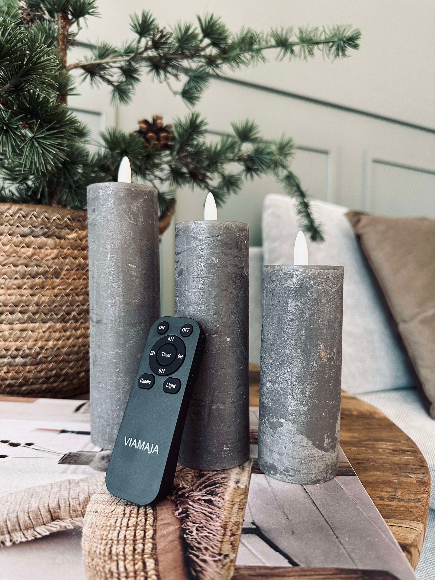 LED Blockljus / Grå – 3 st Rustik dia 5 cm