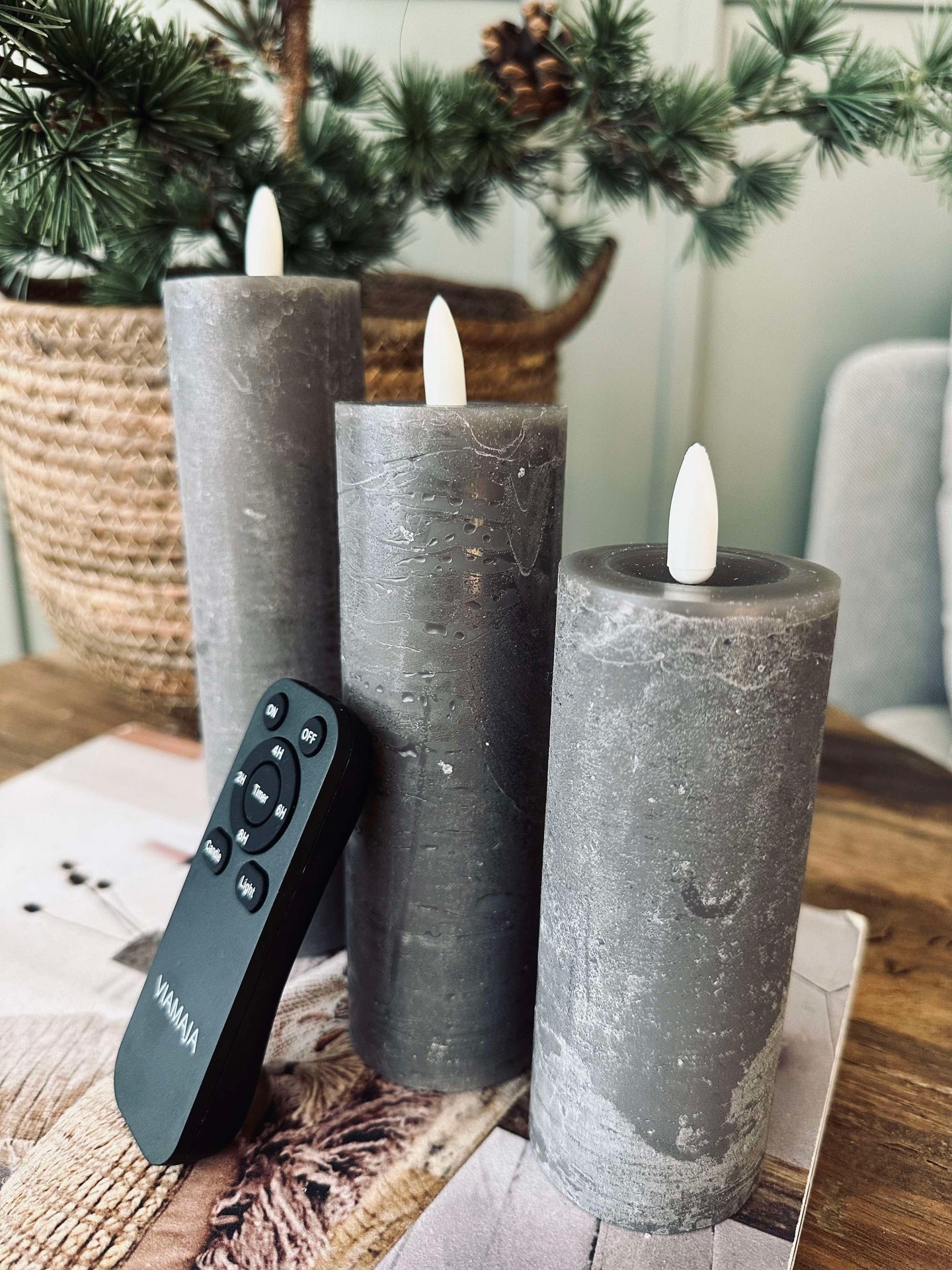 LED Blockljus / Grå – 3 st Rustik dia 5 cm