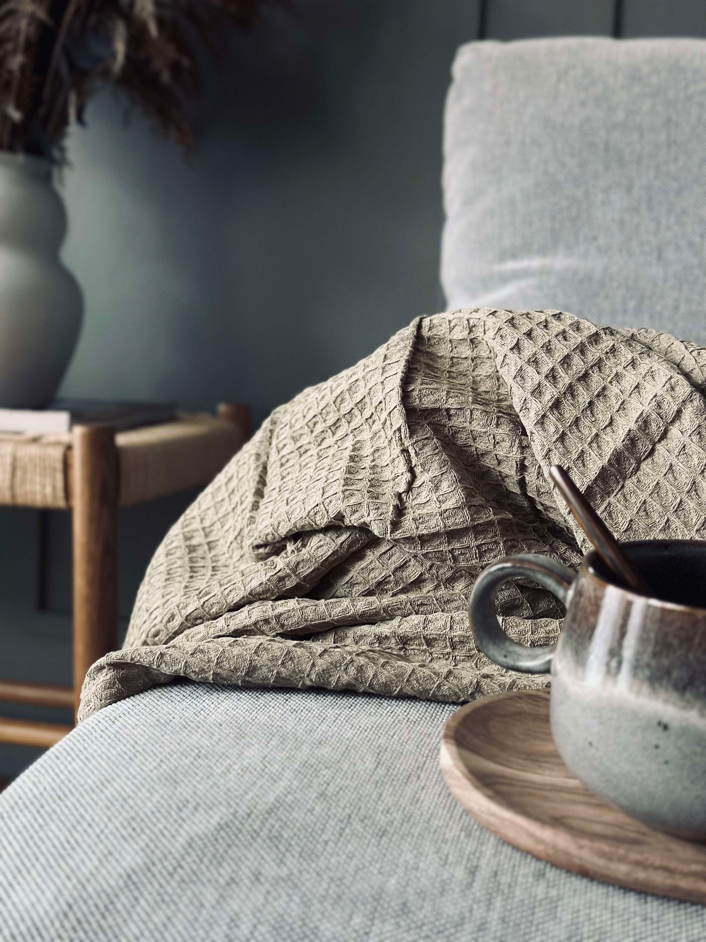 Plaid Stone-washed Våfflad Bomull - Mörk Beige
