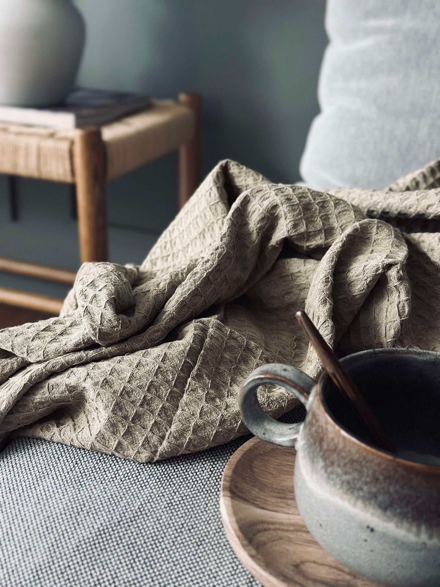Plaid Stone-washed Våfflad Bomull - Mörk Beige