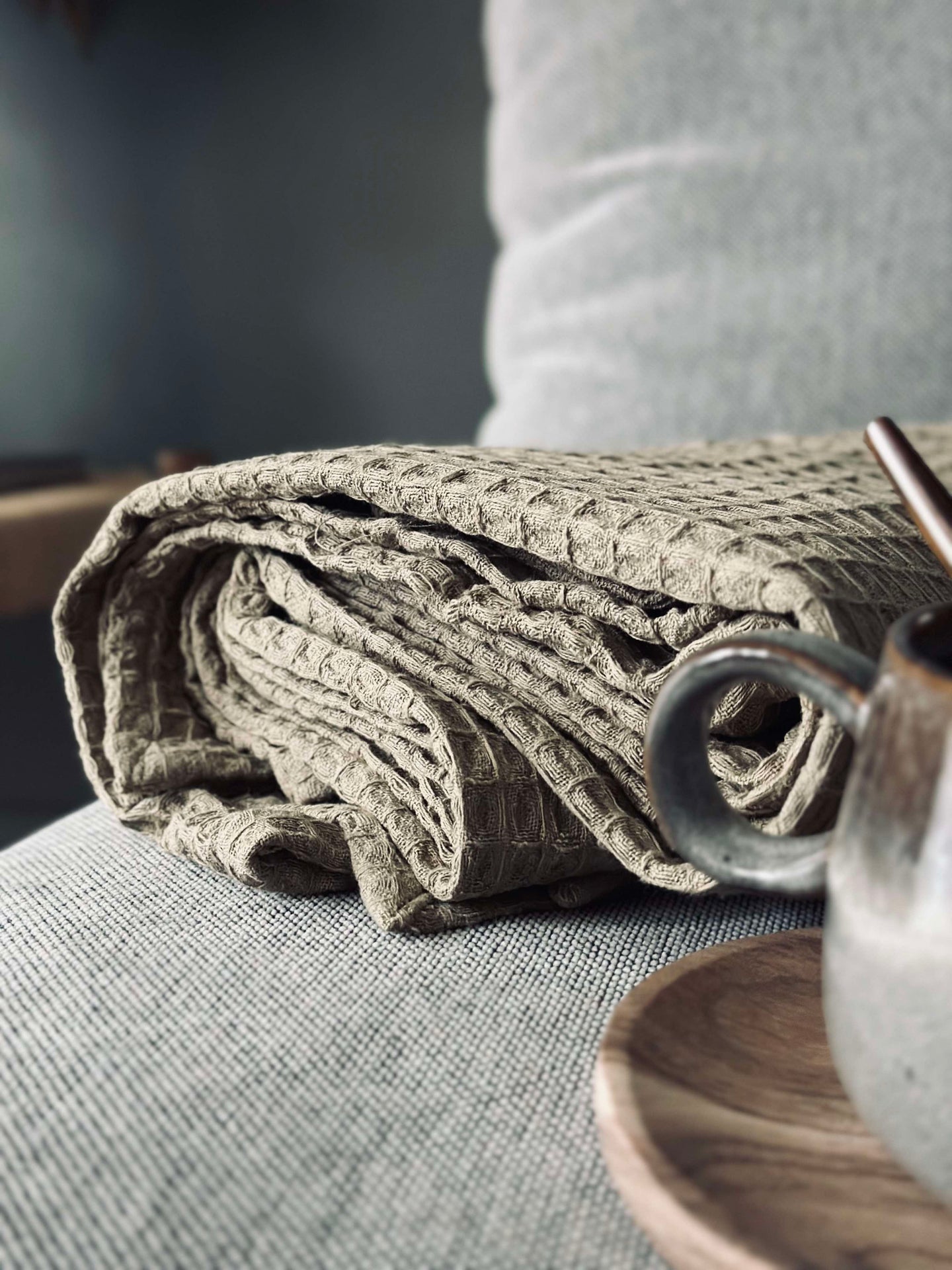 Plaid Stone-washed Våfflad Bomull - Mörk Beige