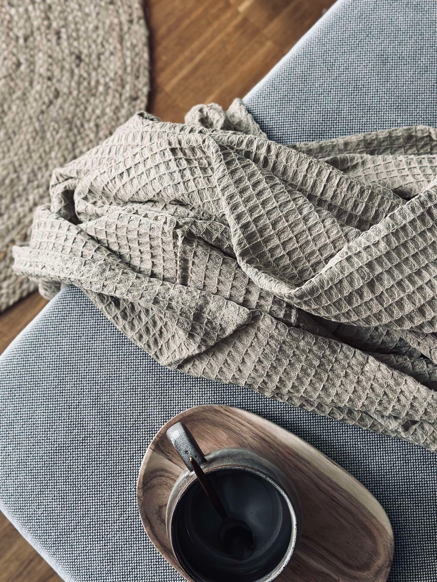 Plaid Stone-washed Våfflad Bomull - Mörk Beige