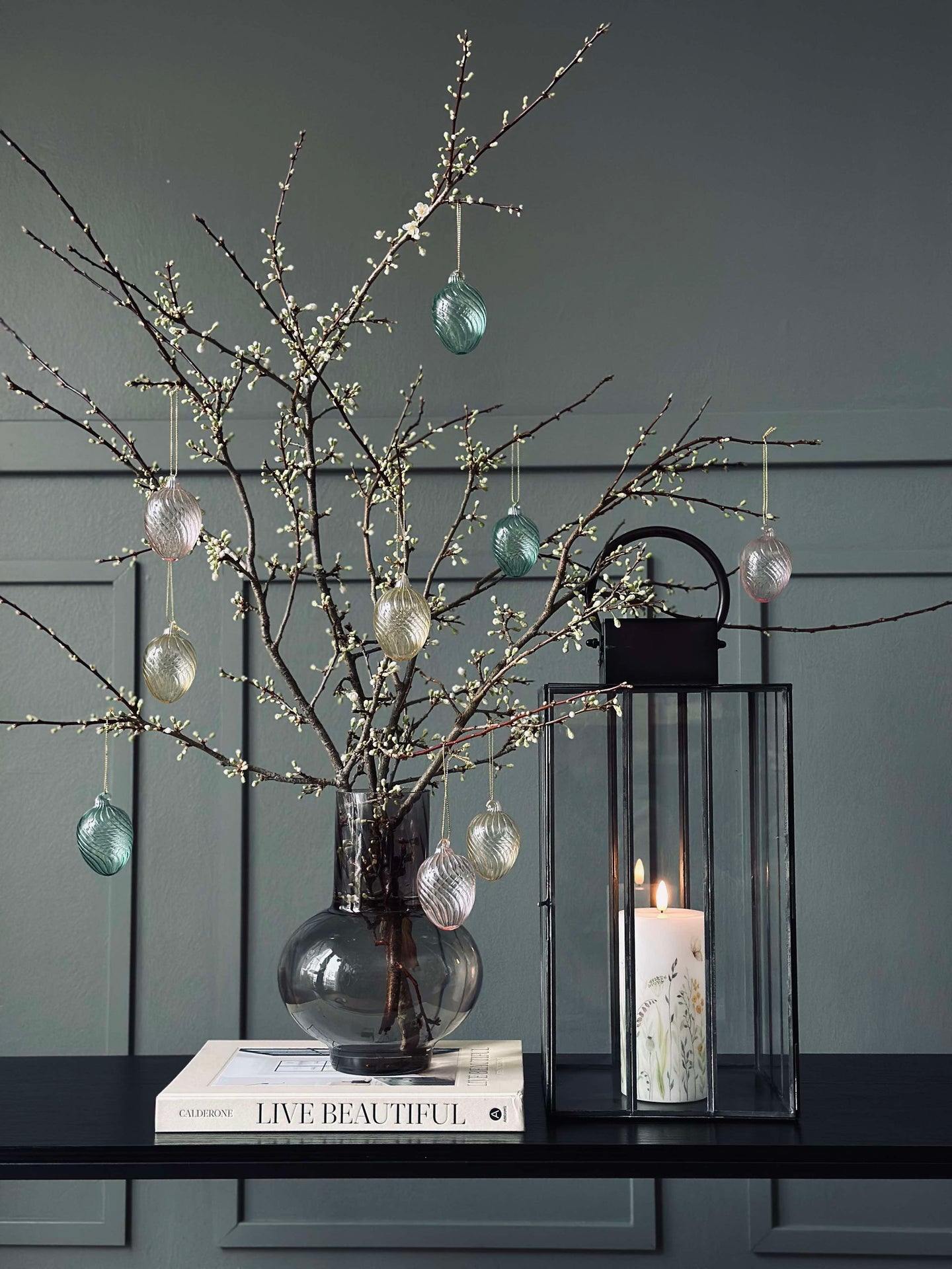 Hängande ägg i glas med ränder - 3 st. Grön