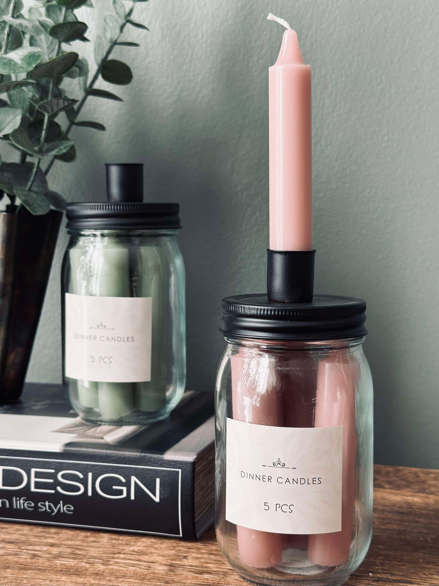 Stearinljus med ljusstake - Rosa