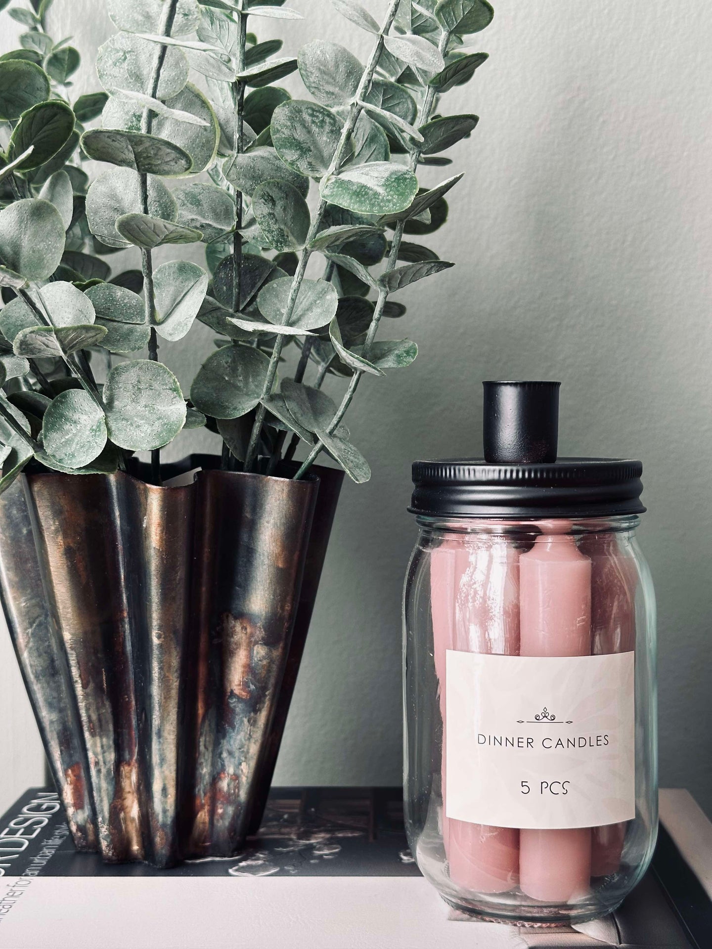 Stearinljus med ljusstake - Rosa