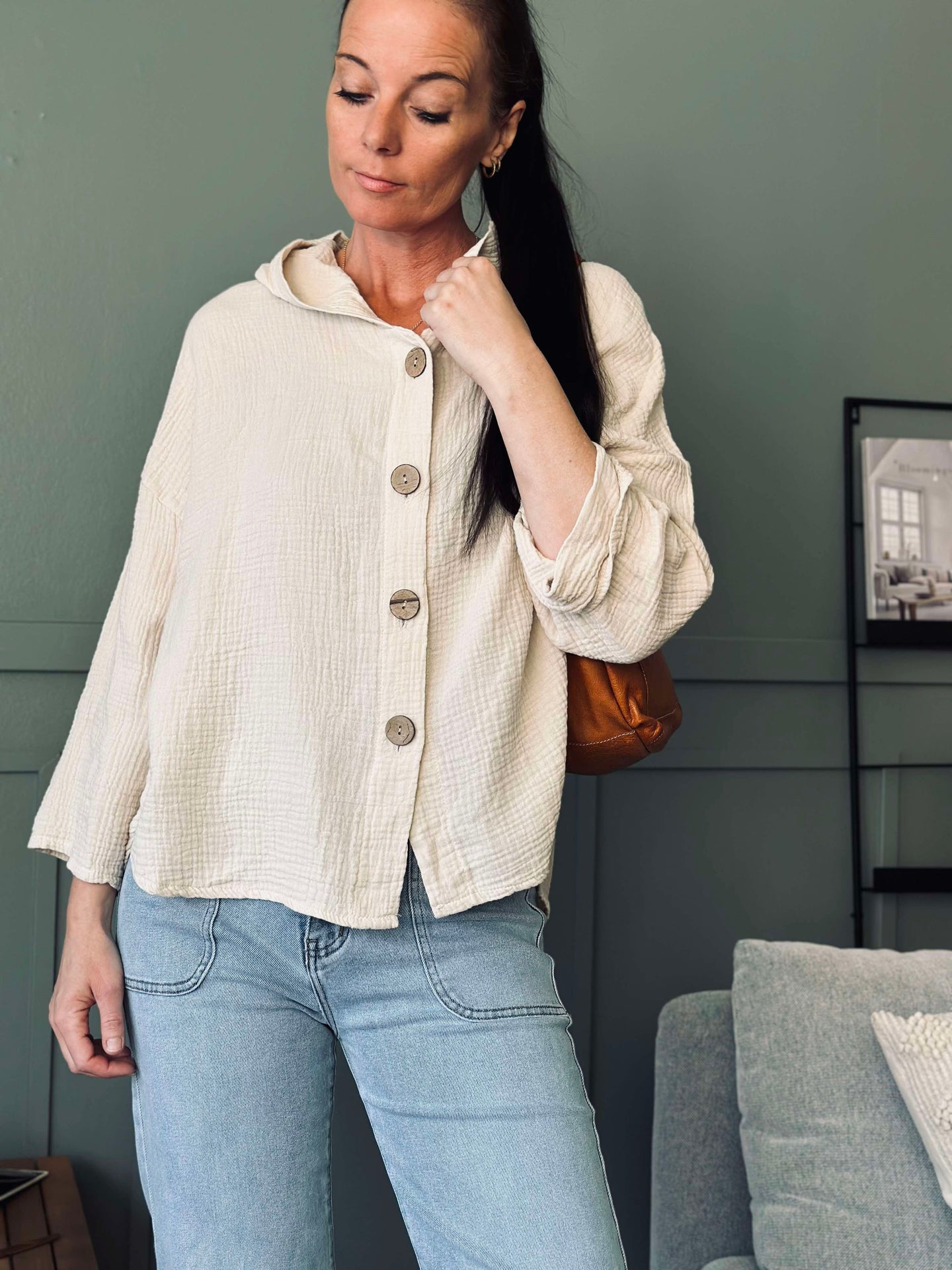 Cardigan i lätt våfflad bomull - Creme