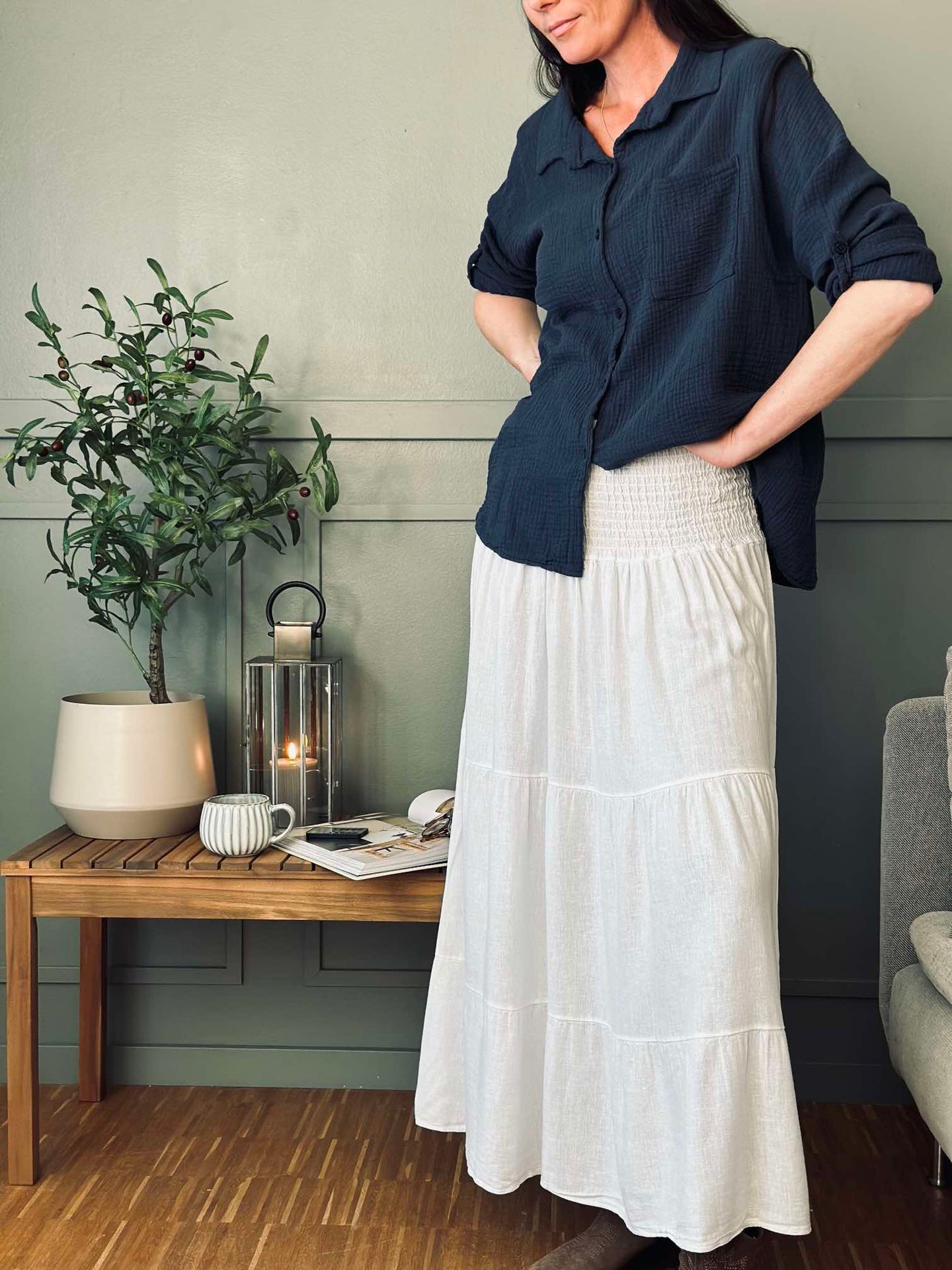 Kjol Linneblandning - Solid vit