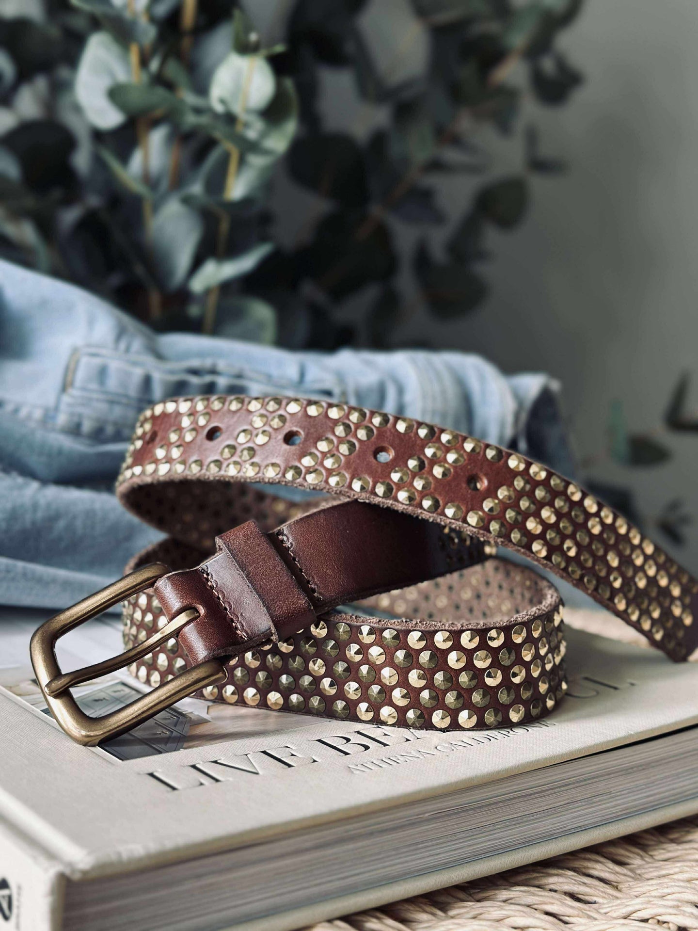 Jeansbälte med nitar - Brun/guld