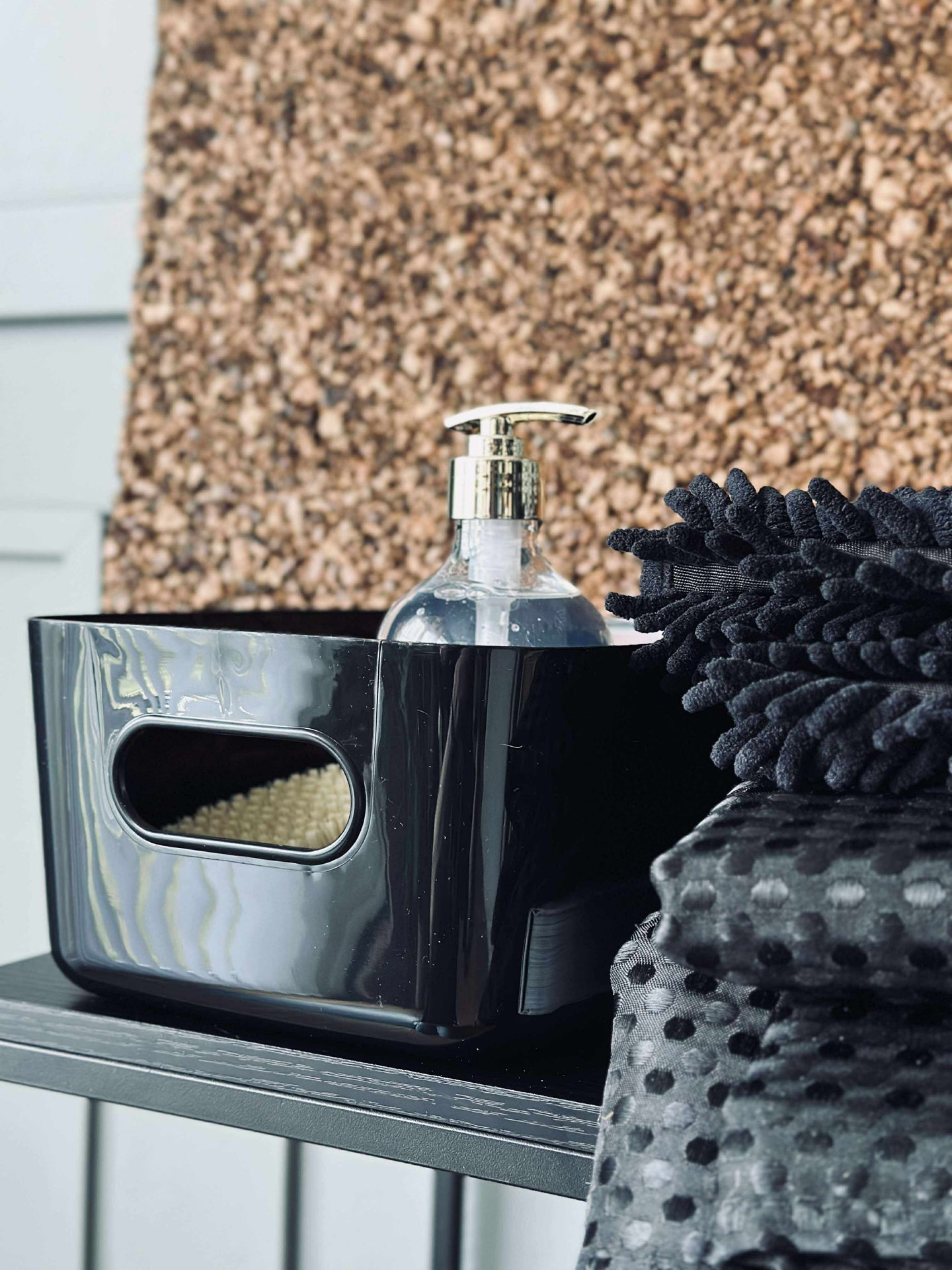 Badrumssats: Duschdraperi & badmatta / Svart