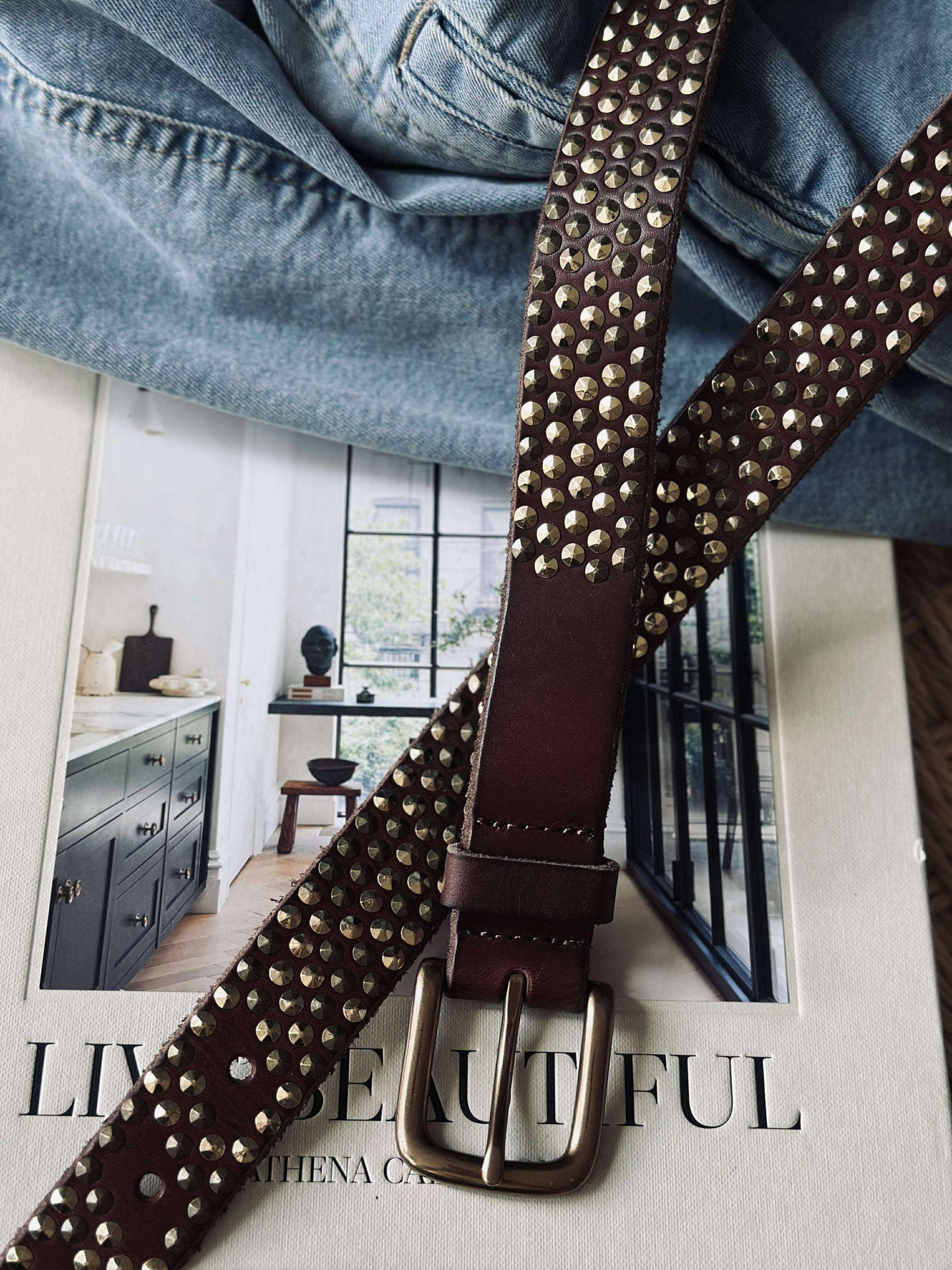 Jeansbälte med nitar - Brun/guld