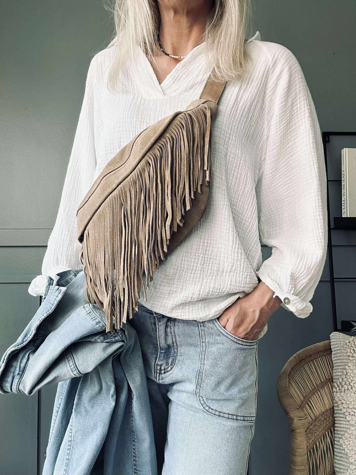 Bumbag med fransar - Sand