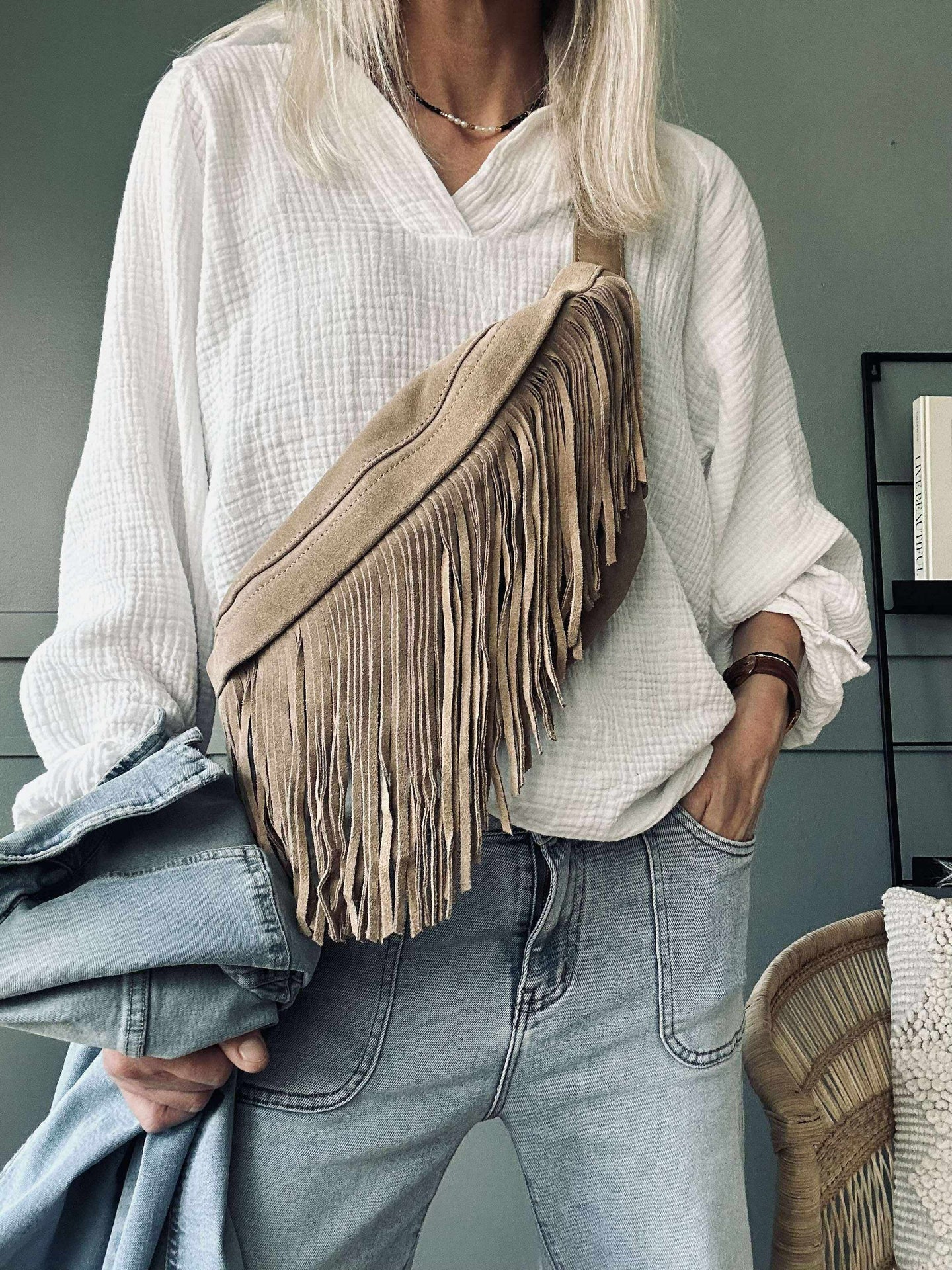 Bumbag med fransar - Sand