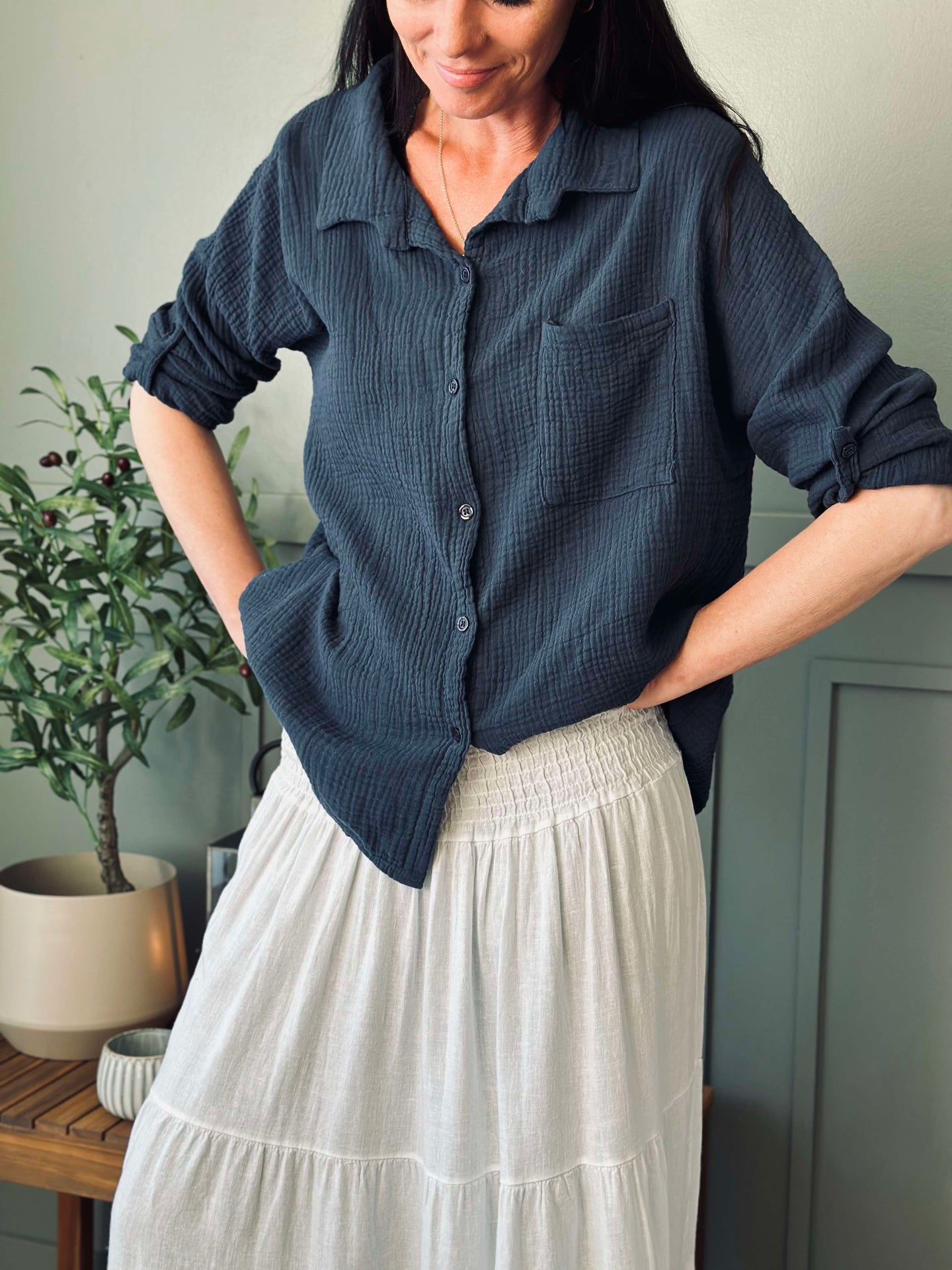 Kjol Linneblandning - Solid vit