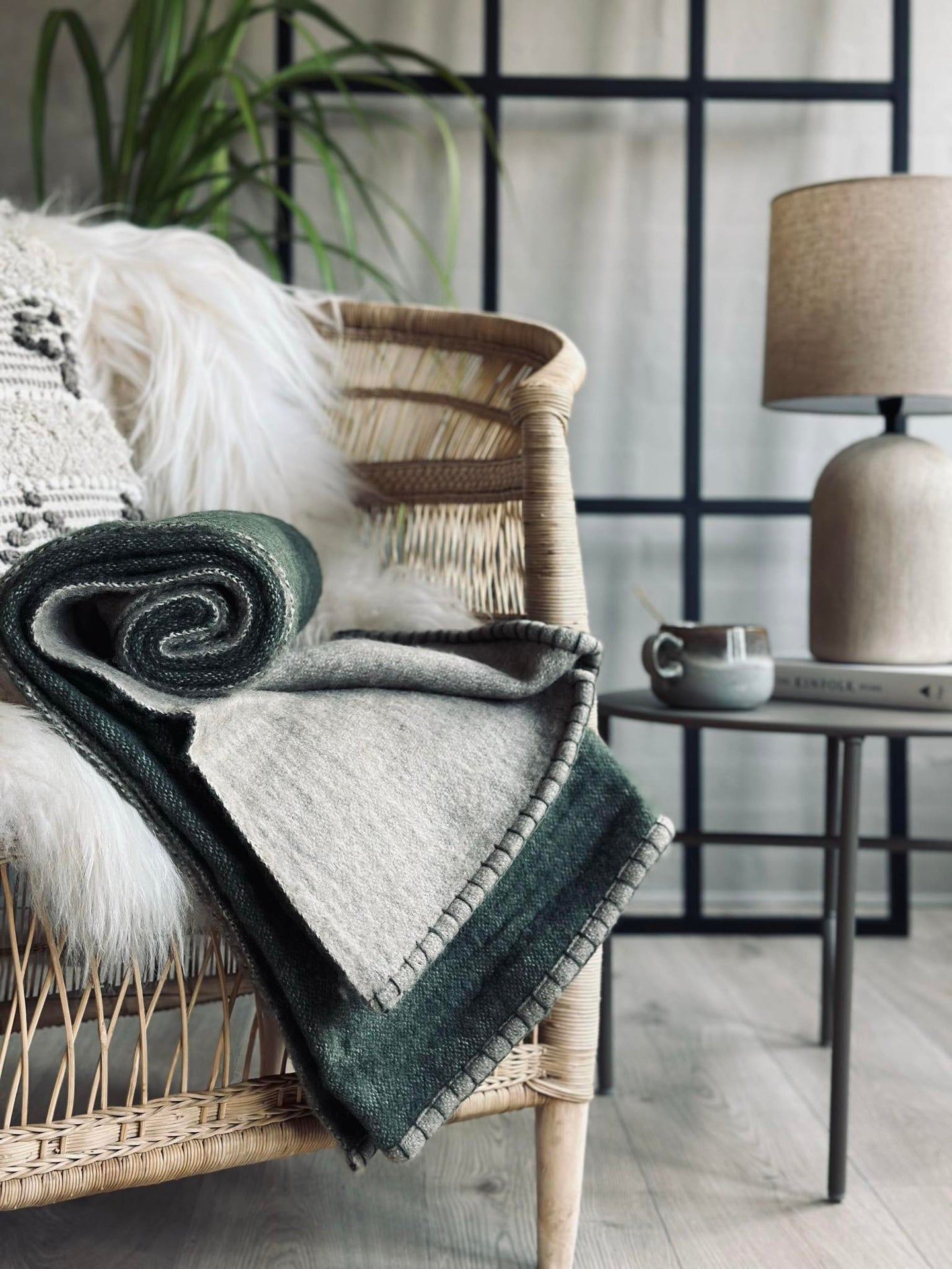 Pläd 100 % ull - Grå / Oliv