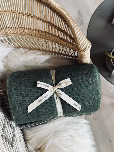 Pläd 100 % ull - Grå / Oliv