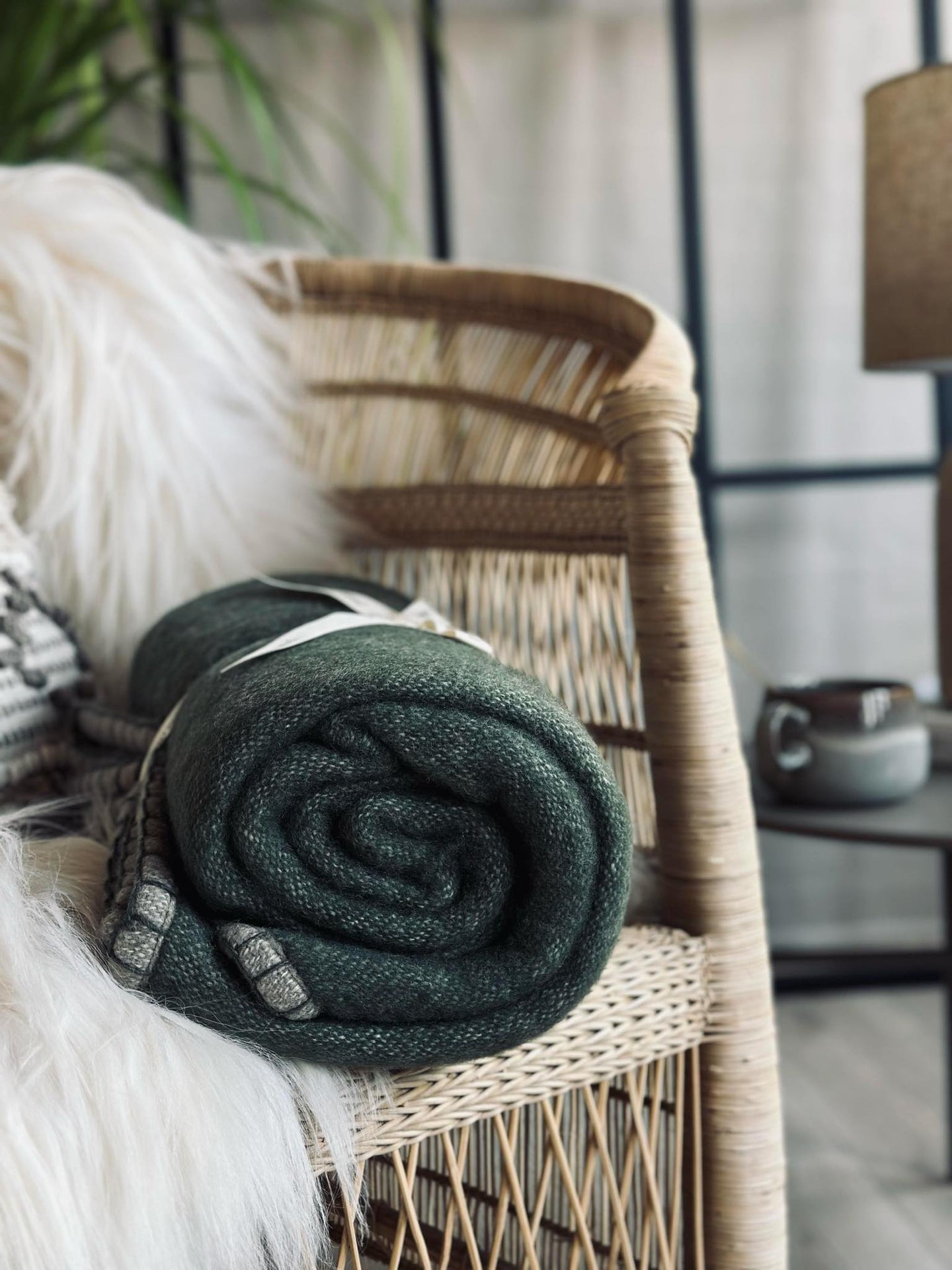 Pläd 100 % ull - Grå / Oliv