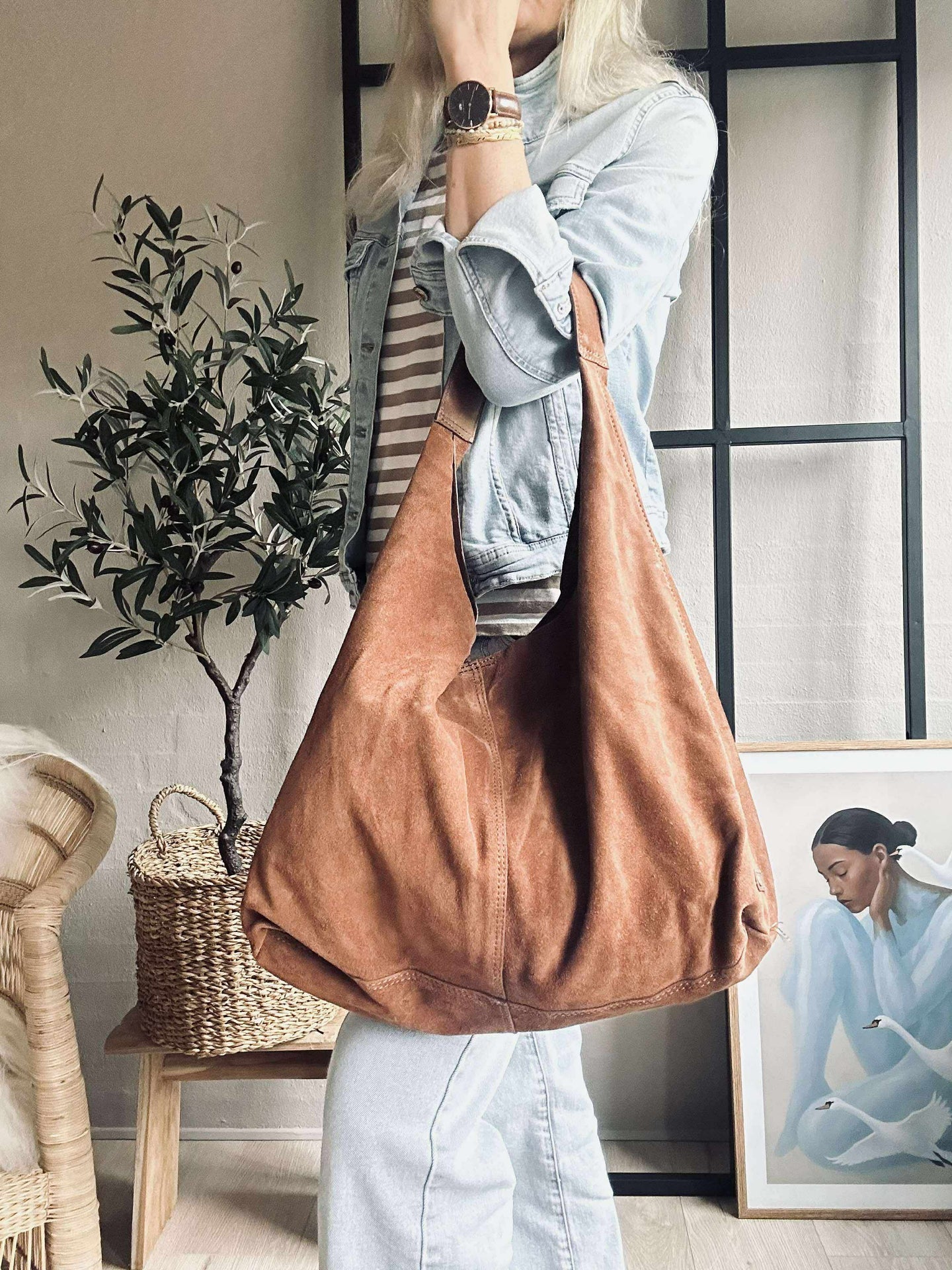 Shoppingväska i mjukt mocka - Cognac