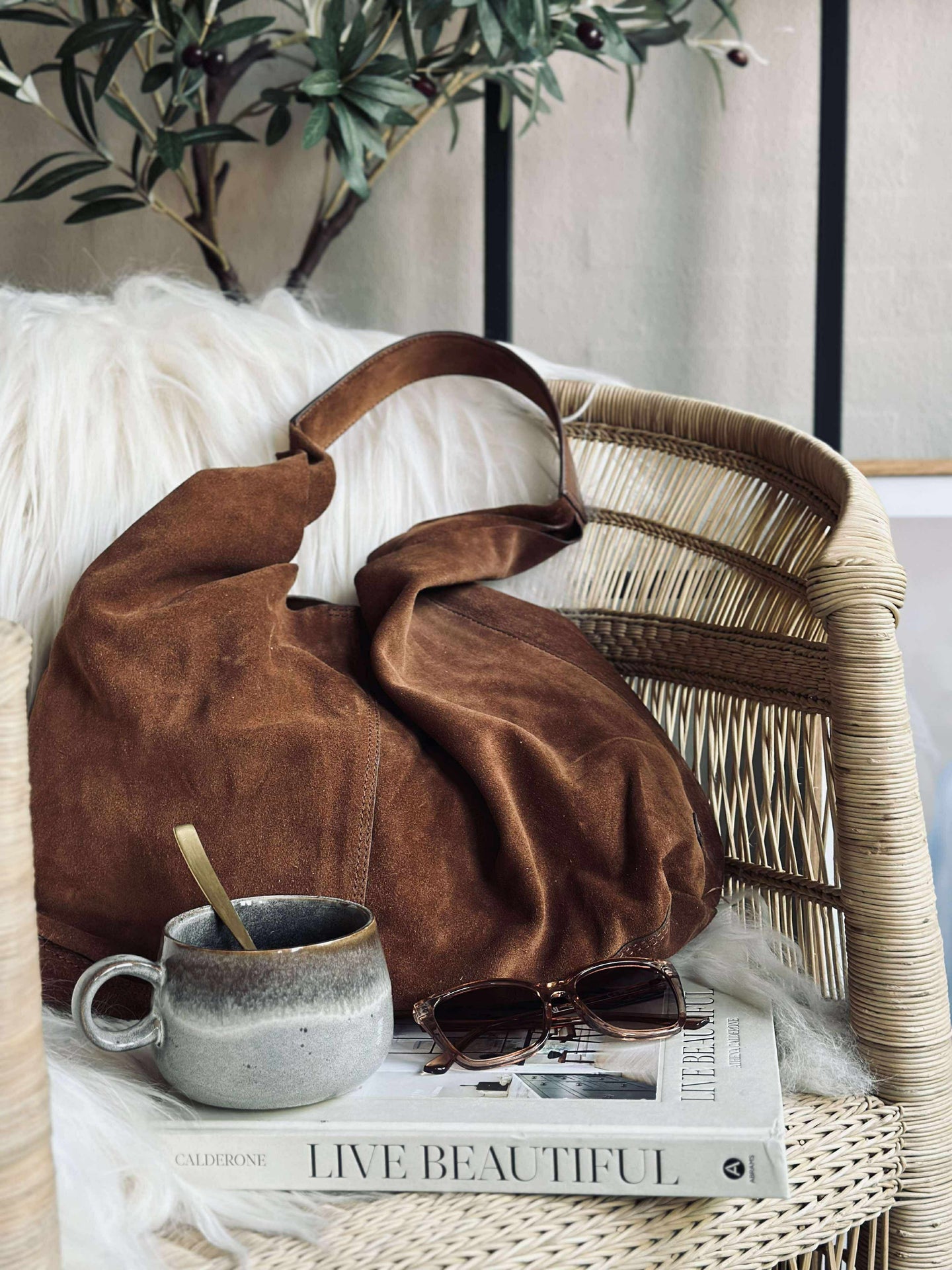 Shoppingväska i mjukt mocka - Cognac