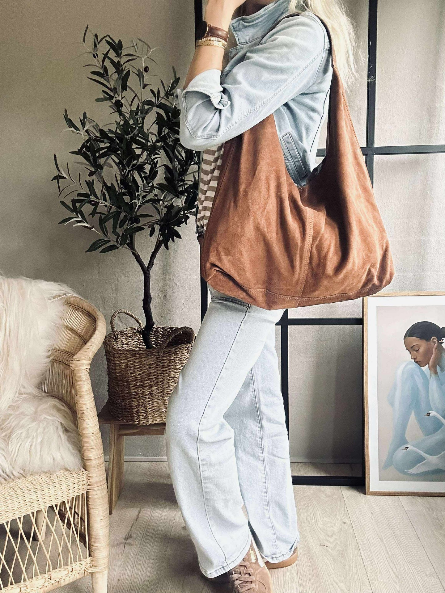 Shoppingväska i mjukt mocka - Cognac